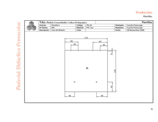 75
Producción
Plantillas
Trilo: Módulo Ensamblable Lúdico-Pedagógico Plantillas
Artículo: Plantilla A Código: TRI_04 Diseñador: Camilo Potocnjak
Nº Diseño: 004 Material: PVC Liso Modelista: Camilo Potocnjak
Descripción: Cara del Módulo Color: - Fecha: 28 Noviembre 2006
MaterialDidácticoPreescolar
 