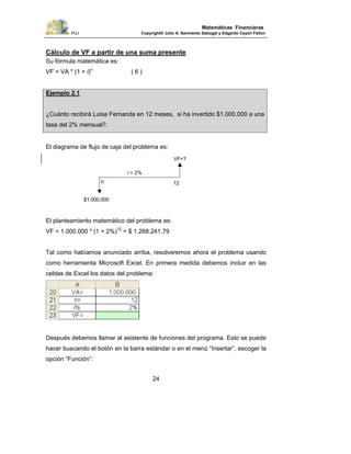 PUJ Copyright® Julio A. Sarmiento Sabogal y Edgardo Cayón Fallon
24
Matemáticas Financieras
Cálculo de VF a partir de una suma presente
Su fórmula matemática es:
VF = VA * (1 + i)n
( 6 )
Ejemplo 2.1
¿Cuánto recibirá Luisa Fernanda en 12 meses, si ha invertido $1.000.000 a una
tasa del 2% mensual?.
El diagrama de flujo de caja del problema es:
El planteamiento matemático del problema es:
VF = 1.000.000 * (1 + 2%)12
= $ 1.268.241,79
Tal como habíamos anunciado arriba, resolveremos ahora el problema usando
como herramienta Microsoft Excel. En primera medida debemos incluir en las
celdas de Excel los datos del problema:
Después debemos llamar al asistente de funciones del programa. Esto se puede
hacer buscando el botón en la barra estándar o en el menú “Insertar”, escoger la
opción “Función”:
$1.000.000
0 12
VF=?
i = 2%
 