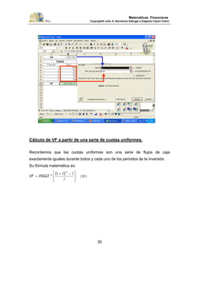 PUJ Copyright® Julio A. Sarmiento Sabogal y Edgardo Cayón Fallon
30
Matemáticas Financieras
Cálculo de VF a partir de una serie de cuotas uniformes.
Recordemos que las cuotas uniformes son una serie de flujos de caja
exactamente iguales durante todos y cada uno de los periodos de la inversión.
Su fórmula matemática es:
⎥
⎦
⎤
⎢
⎣
⎡ −+
=
i
i
PAGOVF
n
11 )(
* ( 8 )
 