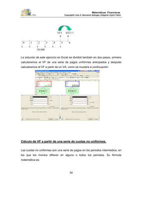 PUJ Copyright® Julio A. Sarmiento Sabogal y Edgardo Cayón Fallon
34
Matemáticas Financieras
La solución de este ejercicio en Excel se dividirá también en dos pasos, primero
calcularemos el VF de una serie de pagos uniformes anticipados y después
calcularemos el VF a partir de un VA, como se muestra a continuación:
PASO 1 PASO 2
Cálculo de VF a partir de una serie de cuotas no uniformes.
Las cuotas no uniformes son una serie de pagos en los periodos intermedios, en
los que los montos difieren en alguno o todos los periodos. Su fórmula
matemática es:
0
VF2=?
1 2 3 4 5
50.000
VF1
6
 