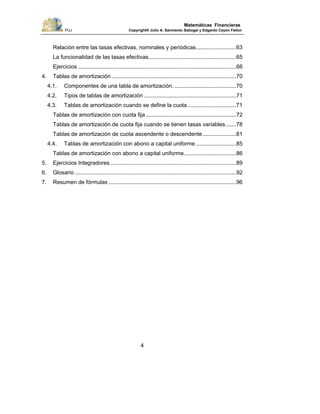 PUJ Copyright® Julio A. Sarmiento Sabogal y Edgardo Cayón Fallon
4
Matemáticas Financieras
Relación entre las tasas efectivas, nominales y periódicas..........................63
La funcionalidad de las tasas efectivas.........................................................65
Ejercicios .......................................................................................................66
4. Tablas de amortización .................................................................................70
4.1. Componentes de una tabla de amortización. ........................................70
4.2. Tipos de tablas de amortización ............................................................71
4.3. Tablas de amortización cuando se define la cuota................................71
Tablas de amortización con cuota fija...........................................................72
Tablas de amortización de cuota fija cuando se tienen tasas variables.......78
Tablas de amortización de cuota ascendente o descendente......................81
4.4. Tablas de amortización con abono a capital uniforme ..........................85
Tablas de amortización con abono a capital uniforme..................................86
5. Ejercicios Integradores..................................................................................89
6. Glosario .........................................................................................................92
7. Resumen de fórmulas ...................................................................................96
 