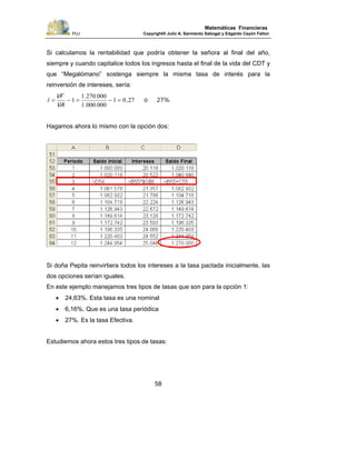 PUJ Copyright® Julio A. Sarmiento Sabogal y Edgardo Cayón Fallon
58
Matemáticas Financieras
Si calculamos la rentabilidad que podría obtener la señora al final del año,
siempre y cuando capitalice todos los ingresos hasta el final de la vida del CDT y
que “Megalómano” sostenga siempre la misma tasa de interés para la
reinversión de intereses, sería:
27%ó
.
.
,
.
.
VA
VF
i 2701
0000001
0002701
1 =−=−=
Hagamos ahora lo mismo con la opción dos:
Si doña Pepita reinvirtiera todos los intereses a la tasa pactada inicialmente, las
dos opciones serían iguales.
En este ejemplo manejamos tres tipos de tasas que son para la opción 1:
• 24,63%. Esta tasa es una nominal
• 6,16%. Que es una tasa periódica
• 27%. Es la tasa Efectiva.
Estudiemos ahora estos tres tipos de tasas:
 