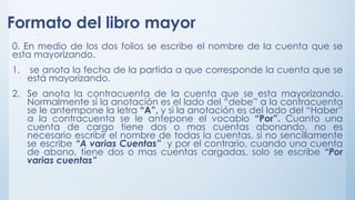 Formato del libro mayor
0. En medio de los dos folios se escribe el nombre de la cuenta que se
esta mayorizando.
1. se anota la fecha de la partida a que corresponde la cuenta que se
está mayorizando.
2. Se anota la contracuenta de la cuenta que se esta mayorizando.
Normalmente si la anotación es el lado del “debe” a la contracuenta
se le antempone la letra “A”, y si la anotación es del lado del “Haber”
a la contracuenta se le antepone el vocablo “Por”. Cuanto una
cuenta de cargo tiene dos o mas cuentas abonando, no es
necesario escribir el nombre de todas la cuentas, si no sencillamente
se escribe “A varias Cuentas” y por el contrario, cuando una cuenta
de abono, tiene dos o mas cuentas cargadas, solo se escribe “Por
varias cuentas”
 