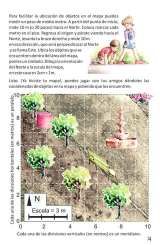 Para facilitar la ubicación de objetos en el mapa puedes
medir un paso de medio metro. A partir del punto de inicio,
mide 10 m (o 20 pasos) hacia el Norte. Coloca marcas cada
metro en el piso. Regresa al origen y párate viendo hacia el
Norte, levanta tu brazo derecho y mide 10 m
en esa dirección, que será perpendicular al Norte
y se llama Este. Ubica los objetos que se
encuentren dentro del área del mapa,
ponles un símbolo. Dibuja la orientación
del Norte y la escala del mapa,
en este caso es 2cm = 1m.
Listo. ¡Ya hiciste tu mapa!, puedes jugar con tus amigos dándoles las
coordenadas de objetos en tu mapa y pidiendo que los encuentren.

                                               10
Cada una de las divisiones horizontales (en metros) es un paralelo.




                                                                      8



                                                                      6



                                                                      4



                                                                      2
                                                                               N
                                                                             Escala = 3 m
                                                                      0
                                                                       0           2             4             6            8              10
                                                                      Cada una de las divisiones verticales (en metros) es un meridiano.
                                                                                                                                           14
 