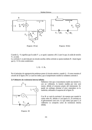 Medidas Eléctricas
204
Cuando Ig = 0, significa que la caída V AB es igual y opuesta a (R1.I1) por lo que, la caída de tensión
V12 es nula.
La corriente I1 es provista por un circuito auxiliar, dicha corriente se ajusta mediante R 2 hasta lograr
que Ig= 0. En estas condiciones:
I1. R1 = I. RA
Por el principio de superposición podemos poner el circuito anterior, cuando Ig = 0 como muestra el
circuito de la figura 25b. Lo cual nos indica, que el amperímetro medirá la verdadera corriente I.
2) Voltímetro de resistencia interna infinita
Habíamos visto que si necesitamos medir una tensión UX
con un voltímetro, la tensión medida por éste será
menor, debido al consumo propio del instrumento. Se
puede sin embargo eliminar el error sistemático en la
medición, utilizando el esquema de la figura 26.
Con R1 se varía la corriente I, de manera que cuando la
caída sobre Rv, debida a I sea igual a Ux, la corriente en
el galvanómetro será cero. Lo que indica que para Ux el
voltímetro se comporta como de resistencia interna
infinita.
R
1
Ux
V
I = 0g G
RE
I
V
Figura 26
GI
g
1
=0
R
a
A B
2
R
V1 =I1R1 VA =IRa
I
1
E
R
E1 R
mA
I
R
mA
I
E R
a
Figura 25(a) Figura 26(b)
 
