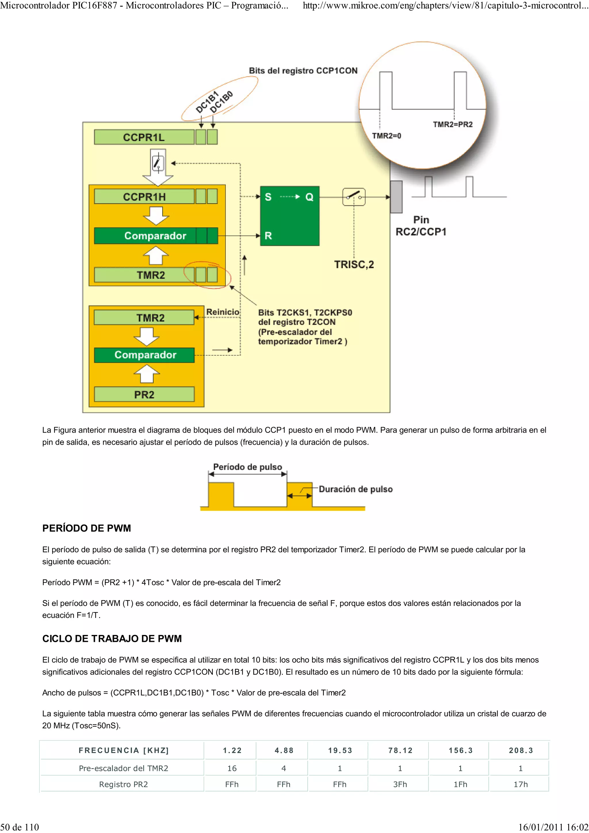 Microcontrolador PIC16F887 - Microcontroladores PIC – Programació...                   http://www.mikroe.com/eng/chapters/view/81/capitulo-3-microcontrol...




            La Figura anterior muestra el diagrama de bloques del módulo CCP1 puesto en el modo PWM. Para generar un pulso de forma arbitraria en el
            pin de salida, es necesario ajustar el período de pulsos (frecuencia) y la duración de pulsos.




            PERÍODO DE PWM

            El período de pulso de salida (T) se determina por el registro PR2 del temporizador Timer2. El período de PWM se puede calcular por la
            siguiente ecuación:

            Período PWM = (PR2 +1) * 4Tosc * Valor de pre-escala del Timer2

            Si el período de PWM (T) es conocido, es fácil determinar la frecuencia de señal F, porque estos dos valores están relacionados por la
            ecuación F=1/T.

            CICLO DE TRABAJO DE PWM

            El ciclo de trabajo de PWM se especifica al utilizar en total 10 bits: los ocho bits más significativos del registro CCPR1L y los dos bits menos
            significativos adicionales del registro CCP1CON (DC1B1 y DC1B0). El resultado es un número de 10 bits dado por la siguiente fórmula:

            Ancho de pulsos = (CCPR1L,DC1B1,DC1B0) * Tosc * Valor de pre-escala del Timer2

            La siguiente tabla muestra cómo generar las señales PWM de diferentes frecuencias cuando el microcontrolador utiliza un cristal de cuarzo de
            20 MHz (Tosc=50nS).


                      F R E C U E N C I A [ K H Z]              1.22           4.88           19.53             78.12            156.3             208.3

                      Pre-escalador del TMR2                     16              4               1                 1                1                 1

                            Registro PR2                         FFh            FFh             FFh              3Fh               1Fh              17h




50 de 110                                                                                                                                            16/01/2011 16:02
 