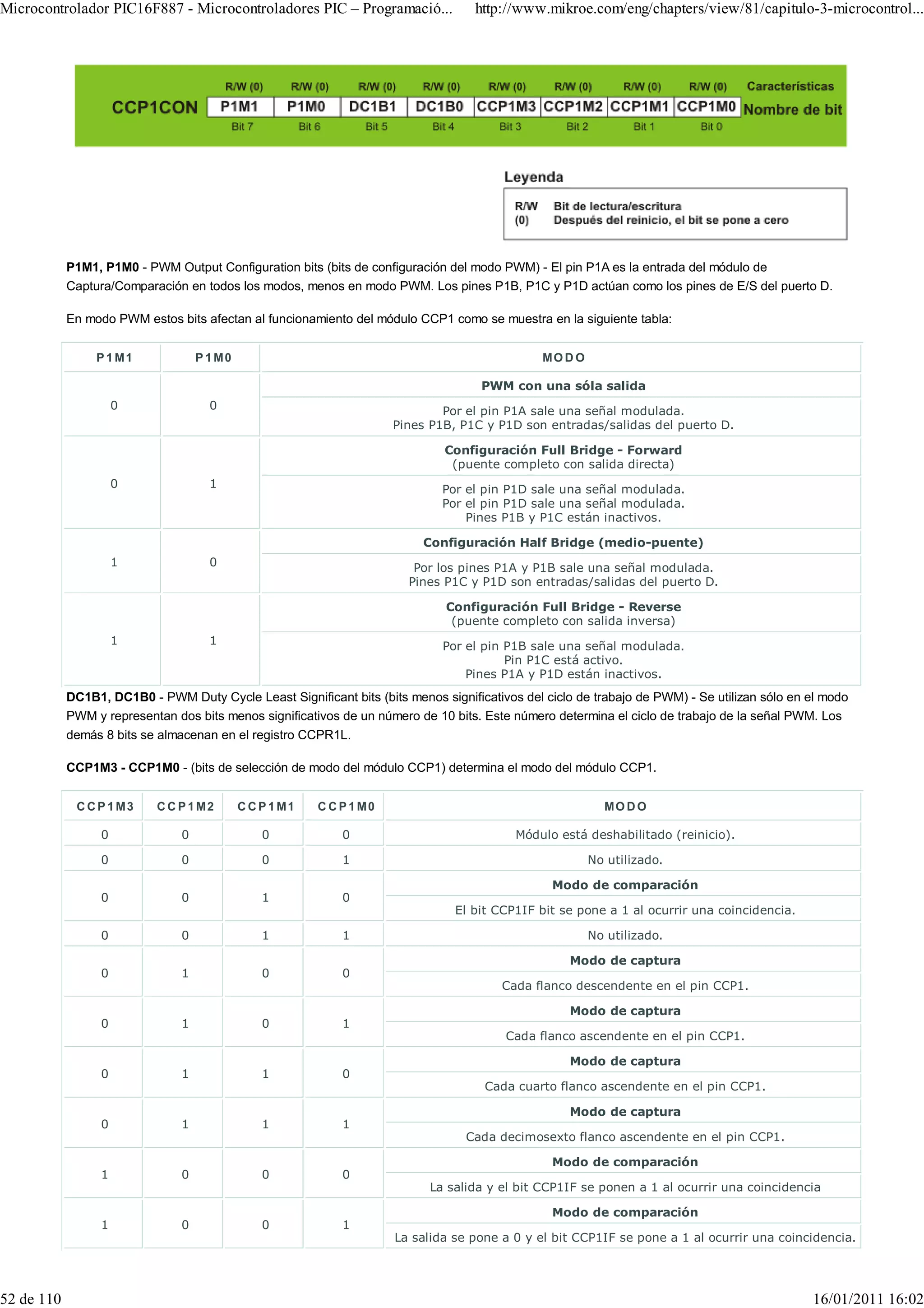 Microcontrolador PIC16F887 - Microcontroladores PIC – Programació...                http://www.mikroe.com/eng/chapters/view/81/capitulo-3-microcontrol...




            P1M1, P1M0 - PWM Output Configuration bits (bits de configuración del modo PWM) - El pin P1A es la entrada del módulo de
            Captura/Comparación en todos los modos, menos en modo PWM. Los pines P1B, P1C y P1D actúan como los pines de E/S del puerto D.

            En modo PWM estos bits afectan al funcionamiento del módulo CCP1 como se muestra en la siguiente tabla:


                 P 1 M1             P 1 M0                                                      MO D O

                                                                                     PWM con una sóla salida
                      0               0                                        Por el pin P1A sale una señal modulada.
                                                                       Pines P1B, P1C y P1D son entradas/salidas del puerto D.

                                                                               Configuración Full Bridge - Forward
                                                                                (puente completo con salida directa)
                      0               1                                        Por el pin P1D sale una señal modulada.
                                                                               Por el pin P1D sale una señal modulada.
                                                                                   Pines P1B y P1C están inactivos.

                                                                           Configuración Half Bridge (medio-puente)
                      1               0                                   Por los pines P1A y P1B sale una señal modulada.
                                                                         Pines P1C y P1D son entradas/salidas del puerto D.

                                                                               Configuración Full Bridge - Reverse
                                                                                (puente completo con salida inversa)
                      1               1                                        Por el pin P1B sale una señal modulada.
                                                                                          Pin P1C está activo.
                                                                                   Pines P1A y P1D están inactivos.
            DC1B1, DC1B0 - PWM Duty Cycle Least Significant bits (bits menos significativos del ciclo de trabajo de PWM) - Se utilizan sólo en el modo
            PWM y representan dos bits menos significativos de un número de 10 bits. Este número determina el ciclo de trabajo de la señal PWM. Los
            demás 8 bits se almacenan en el registro CCPR1L.

            CCP1M3 - CCP1M0 - (bits de selección de modo del módulo CCP1) determina el modo del módulo CCP1.


             C C P 1 M3    C C P 1 M2        C C P 1 M1   C C P 1 M0                                       MO D O

                  0             0                0            0                            Módulo está deshabilitado (reinicio).

                  0             0                0            1                                          No utilizado.

                                                                                                 Modo de comparación
                  0             0                1            0
                                                                                 El bit CCP1IF bit se pone a 1 al ocurrir una coincidencia.

                  0             0                1            1                                          No utilizado.

                                                                                                    Modo de captura
                  0             1                0            0
                                                                                         Cada flanco descendente en el pin CCP1.

                                                                                                    Modo de captura
                  0             1                0            1
                                                                                         Cada flanco ascendente en el pin CCP1.

                                                                                                    Modo de captura
                  0             1                1            0
                                                                                      Cada cuarto flanco ascendente en el pin CCP1.

                                                                                                    Modo de captura
                  0             1                1            1
                                                                                   Cada decimosexto flanco ascendente en el pin CCP1.

                                                                                                 Modo de comparación
                  1             0                0            0
                                                                            La salida y el bit CCP1IF se ponen a 1 al ocurrir una coincidencia

                                                                                                 Modo de comparación
                  1             0                0            1
                                                                       La salida se pone a 0 y el bit CCP1IF se pone a 1 al ocurrir una coincidencia.




52 de 110                                                                                                                                      16/01/2011 16:02
 