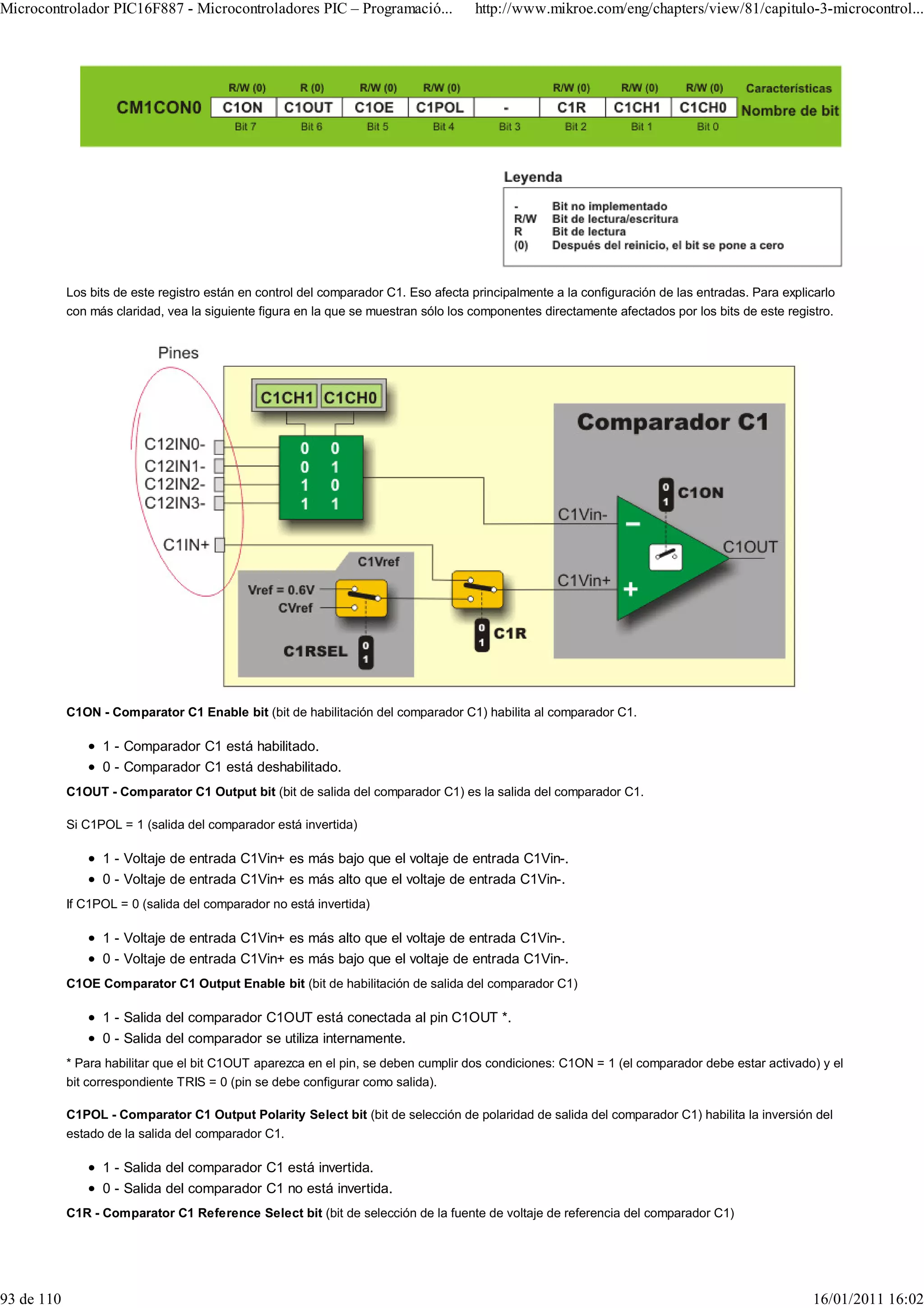 Microcontrolador PIC16F887 - Microcontroladores PIC – Programació...                 http://www.mikroe.com/eng/chapters/view/81/capitulo-3-microcontrol...




            Los bits de este registro están en control del comparador C1. Eso afecta principalmente a la configuración de las entradas. Para explicarlo
            con más claridad, vea la siguiente figura en la que se muestran sólo los componentes directamente afectados por los bits de este registro.




            C1ON - Comparator C1 Enable bit (bit de habilitación del comparador C1) habilita al comparador C1.

                  1 - Comparador C1 está habilitado.
                  0 - Comparador C1 está deshabilitado.
            C1OUT - Comparator C1 Output bit (bit de salida del comparador C1) es la salida del comparador C1.

            Si C1POL = 1 (salida del comparador está invertida)

                  1 - Voltaje de entrada C1Vin+ es más bajo que el voltaje de entrada C1Vin-.
                  0 - Voltaje de entrada C1Vin+ es más alto que el voltaje de entrada C1Vin-.
            If C1POL = 0 (salida del comparador no está invertida)

                  1 - Voltaje de entrada C1Vin+ es más alto que el voltaje de entrada C1Vin-.
                  0 - Voltaje de entrada C1Vin+ es más bajo que el voltaje de entrada C1Vin-.
            C1OE Comparator C1 Output Enable bit (bit de habilitación de salida del comparador C1)

                  1 - Salida del comparador C1OUT está conectada al pin C1OUT *.
                  0 - Salida del comparador se utiliza internamente.
            * Para habilitar que el bit C1OUT aparezca en el pin, se deben cumplir dos condiciones: C1ON = 1 (el comparador debe estar activado) y el
            bit correspondiente TRIS = 0 (pin se debe configurar como salida).

            C1POL - Comparator C1 Output Polarity Select bit (bit de selección de polaridad de salida del comparador C1) habilita la inversión del
            estado de la salida del comparador C1.

                  1 - Salida del comparador C1 está invertida.
                  0 - Salida del comparador C1 no está invertida.
            C1R - Comparator C1 Reference Select bit (bit de selección de la fuente de voltaje de referencia del comparador C1)




93 de 110                                                                                                                                         16/01/2011 16:02
 
