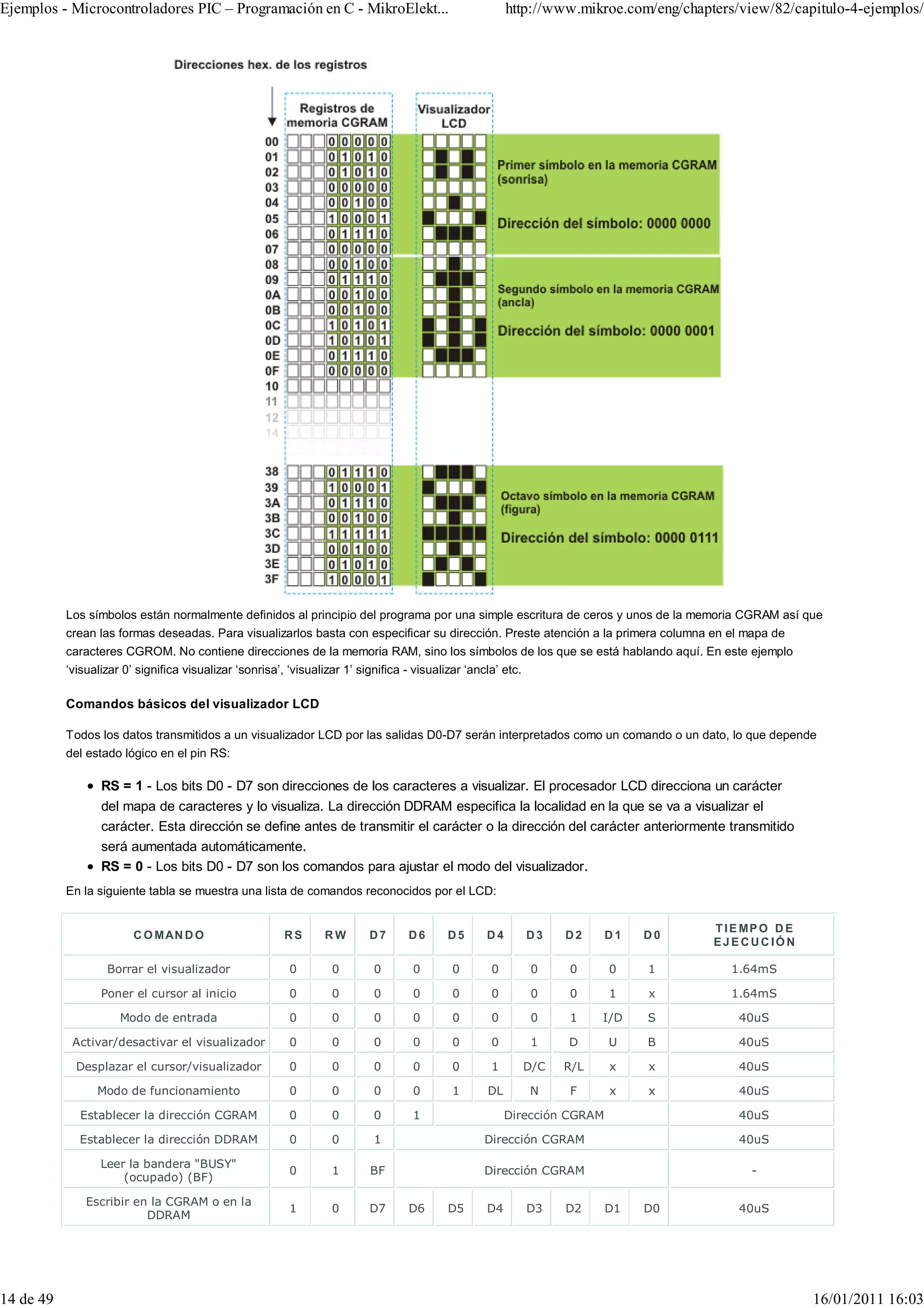 Ejemplos - Microcontroladores PIC – Programación en C - MikroElekt...                                    http://www.mikroe.com/eng/chapters/view/82/capitulo-4-ejemplos/




           Los símbolos están normalmente definidos al principio del programa por una simple escritura de ceros y unos de la memoria CGRAM así que
           crean las formas deseadas. Para visualizarlos basta con especificar su dirección. Preste atención a la primera columna en el mapa de
           caracteres CGROM. No contiene direcciones de la memoria RAM, sino los símbolos de los que se está hablando aquí. En este ejemplo
           ‘visualizar 0’ significa visualizar ‘sonrisa’, ‘visualizar 1’ significa - visualizar ‘ancla’ etc.

           Comandos básicos del visualizador LCD

           Todos los datos transmitidos a un visualizador LCD por las salidas D0-D7 serán interpretados como un comando o un dato, lo que depende
           del estado lógico en el pin RS:

                  RS = 1 - Los bits D0 - D7 son direcciones de los caracteres a visualizar. El procesador LCD direcciona un carácter
                  del mapa de caracteres y lo visualiza. La dirección DDRAM especifica la localidad en la que se va a visualizar el
                  carácter. Esta dirección se define antes de transmitir el carácter o la dirección del carácter anteriormente transmitido
                  será aumentada automáticamente.
                  RS = 0 - Los bits D0 - D7 son los comandos para ajustar el modo del visualizador.
           En la siguiente tabla se muestra una lista de comandos reconocidos por el LCD:


                                                                                                                                        T IE MP O D E
                         C O M AN D O                    RS       RW       D7      D6       D5      D4         D3    D2    D1    D0
                                                                                                                                        EJECUC IÓN

                   Borrar el visualizador                 0        0        0       0        0       0          0    0     0     1         1.64mS

                  Poner el cursor al inicio               0        0        0       0        0       0          0    0     1     x         1.64mS

                      Modo de entrada                     0        0        0       0        0       0          0    1     I/D   S          40uS

            Activar/desactivar el visualizador            0        0        0       0        0       0          1    D     U     B          40uS

             Desplazar el cursor/visualizador             0        0        0       0        0       1         D/C   R/L   x     x          40uS

                 Modo de funcionamiento                   0        0        0       0        1      DL         N     F     x     x          40uS

              Establecer la dirección CGRAM               0        0        0       1                    Dirección CGRAM                    40uS

             Establecer la dirección DDRAM                0        0        1                       Dirección CGRAM                         40uS

                  Leer la bandera "BUSY"
                                                          0        1       BF                       Dirección CGRAM                           -
                      (ocupado) (BF)

               Escribir en la CGRAM o en la
                                                          1        0       D7      D6       D5      D4         D3    D2    D1    D0         40uS
                          DDRAM




14 de 49                                                                                                                                                16/01/2011 16:03
 