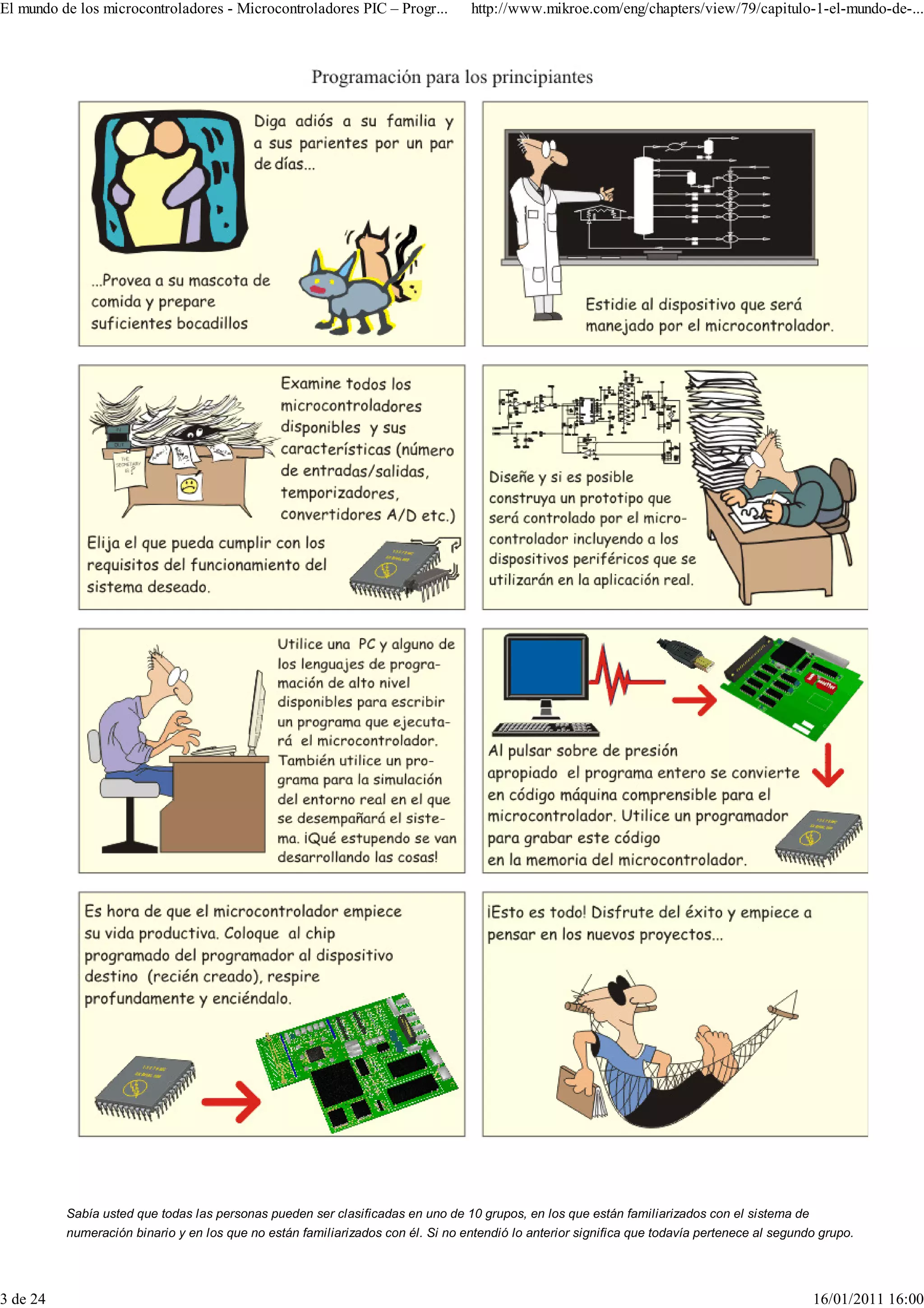 El mundo de los microcontroladores - Microcontroladores PIC – Progr...           http://www.mikroe.com/eng/chapters/view/79/capitulo-1-el-mundo-de-...




          Sabía usted que todas las personas pueden ser clasificadas en uno de 10 grupos, en los que están familiarizados con el sistema de
          numeración binario y en los que no están familiarizados con él. Si no entendió lo anterior significa que todavía pertenece al segundo grupo.




3 de 24                                                                                                                                       16/01/2011 16:00
 