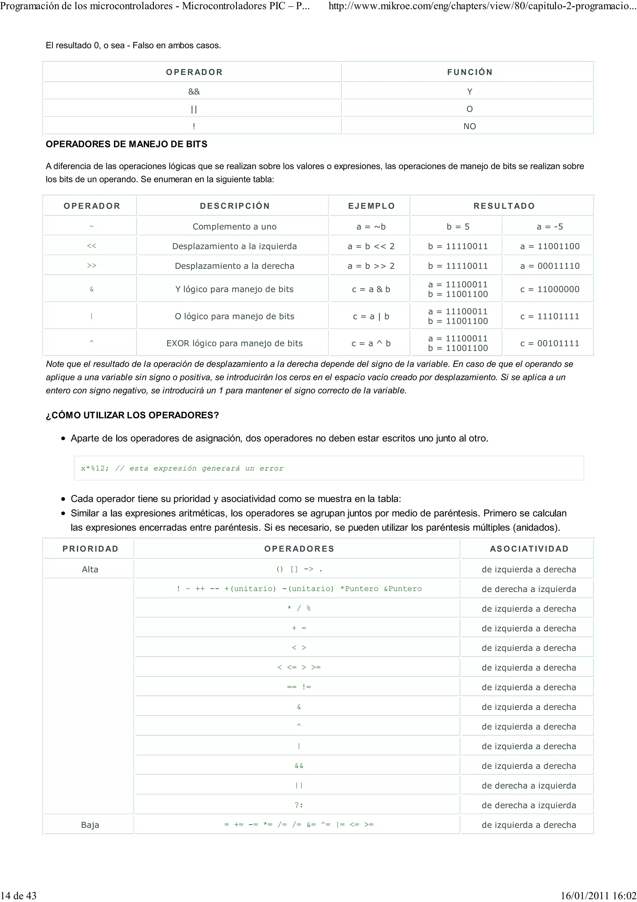 Programación de los microcontroladores - Microcontroladores PIC – P...              http://www.mikroe.com/eng/chapters/view/80/capitulo-2-programacio...


           El resultado 0, o sea - Falso en ambos casos.


                                          O P E R AD O R                                                           FUNC IÓN

                                                &&                                                                      Y

                                                ||                                                                      O

                                                 !                                                                     NO

           OPERADORES DE MANEJO DE BITS

           A diferencia de las operaciones lógicas que se realizan sobre los valores o expresiones, las operaciones de manejo de bits se realizan sobre
           los bits de un operando. Se enumeran en la siguiente tabla:


               O P E R AD O R                        DESCR IPCIÓN                        E J E MP L O                       R E S U L T AD O

                      ~                          Complemento a uno                         a = ~b                  b=5                         a = -5

                      <<                   Desplazamiento a la izquierda                 a = b << 2           b = 11110011              a = 11001100

                      >>                    Desplazamiento a la derecha                  a = b >> 2           b = 11110011              a = 00011110

                      &                                                                                       a = 11100011
                                            Y lógico para manejo de bits                  c=a&b                                         c = 11000000
                                                                                                              b = 11001100

                      |                                                                                       a = 11100011
                                            O lógico para manejo de bits                  c=a|b                                         c = 11101111
                                                                                                              b = 11001100

                      ^                                                                                       a = 11100011
                                          EXOR lógico para manejo de bits                 c=a^b                                         c = 00101111
                                                                                                              b = 11001100
           Note que el resultado de la operación de desplazamiento a la derecha depende del signo de la variable. En caso de que el operando se
           aplique a una variable sin signo o positiva, se introducirán los ceros en el espacio vacío creado por desplazamiento. Si se aplica a un
           entero con signo negativo, se introducirá un 1 para mantener el signo correcto de la variable.

           ¿CÓMO UTILIZAR LOS OPERADORES?

                 Aparte de los operadores de asignación, dos operadores no deben estar escritos uno junto al otro.


                    x*%12; // esta expresión generará un error



                 Cada operador tiene su prioridad y asociatividad como se muestra en la tabla:
                 Similar a las expresiones aritméticas, los operadores se agrupan juntos por medio de paréntesis. Primero se calculan
                 las expresiones encerradas entre paréntesis. Si es necesario, se pueden utilizar los paréntesis múltiples (anidados).

               P R I O R I D AD                                    O P E R AD O R E S                                           AS O C I AT I V I D A D

                    Alta                                              () [] -> .                                              de izquierda a derecha

                                            ! ~ ++ -- +(unitario) -(unitario) *Puntero &Puntero                               de derecha a izquierda

                                                                         * / %                                                de izquierda a derecha

                                                                           + -                                                de izquierda a derecha

                                                                           < >                                                de izquierda a derecha

                                                                       < <= > >=                                              de izquierda a derecha

                                                                         == !=                                                de izquierda a derecha

                                                                            &                                                 de izquierda a derecha

                                                                            ^                                                 de izquierda a derecha

                                                                            |                                                 de izquierda a derecha

                                                                           &&                                                 de izquierda a derecha

                                                                           ||                                                 de derecha a izquierda

                                                                           ?:                                                 de derecha a izquierda

                    Baja                                   = += -= *= /= /= &= ^= |= <= >=                                    de izquierda a derecha




14 de 43                                                                                                                                            16/01/2011 16:02
 