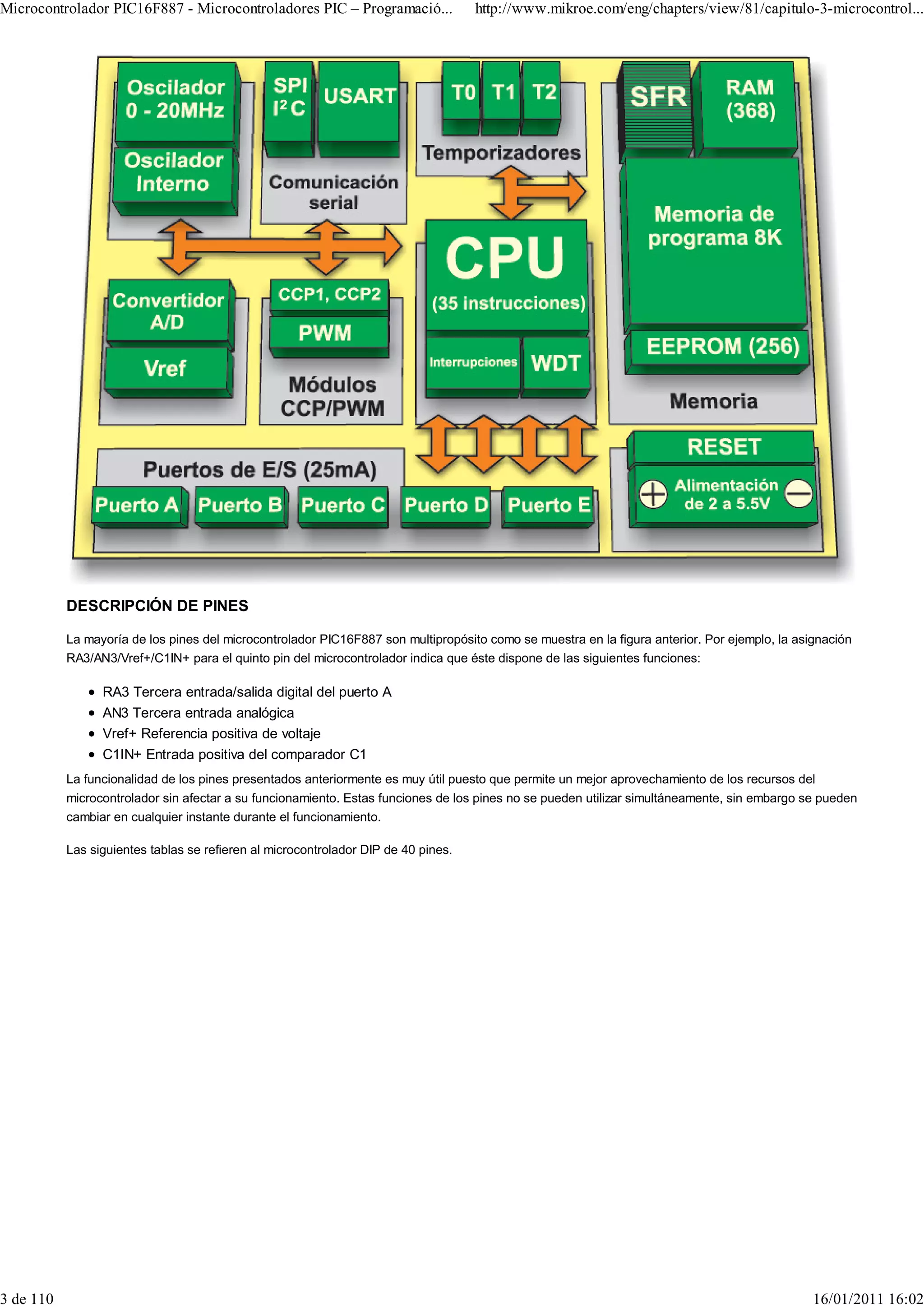 Microcontrolador PIC16F887 - Microcontroladores PIC – Programació...                http://www.mikroe.com/eng/chapters/view/81/capitulo-3-microcontrol...




           DESCRIPCIÓN DE PINES

           La mayoría de los pines del microcontrolador PIC16F887 son multipropósito como se muestra en la figura anterior. Por ejemplo, la asignación
           RA3/AN3/Vref+/C1IN+ para el quinto pin del microcontrolador indica que éste dispone de las siguientes funciones:

                 RA3 Tercera entrada/salida digital del puerto A
                 AN3 Tercera entrada analógica
                 Vref+ Referencia positiva de voltaje
                 C1IN+ Entrada positiva del comparador C1
           La funcionalidad de los pines presentados anteriormente es muy útil puesto que permite un mejor aprovechamiento de los recursos del
           microcontrolador sin afectar a su funcionamiento. Estas funciones de los pines no se pueden utilizar simultáneamente, sin embargo se pueden
           cambiar en cualquier instante durante el funcionamiento.

           Las siguientes tablas se refieren al microcontrolador DIP de 40 pines.




3 de 110                                                                                                                                       16/01/2011 16:02
 