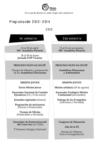 P a r a que los jóvenes en J esus t enga n vid a a bund a n t e



P rogr a ma ción 2 01 2 - 2 01 4

                                        2 01 2


        1e r semes t re                                       2 do semes t re


         16 al 20 de abril:                              12 al 16 de noviembre:
     103ª Asamblea Plenaria                             104ª Asamblea Plenaria
         26 al 28 de Junio
      Jornada COP Vicarios

   PROCESO NUEVAS OO.PP.                             PROCESO NUEVAS OO.PP.
 Tiempo de difusión y preparación                        Asambleas Diocesanas
   de las Asambleas Diocesanas                              y Ambientales


         MISIÓN JOVEN                                        MISIÓN JOVEN
       Envío Misión Joven                          Misión solidaria (18 de agosto)
  Encuentro Nacional de Comités                      Encuentro Teológico Misión
   Ejecutivos (12 y 13 de enero)                      Continental (noviembre)
   Jornadas regionales (marzo)                         Entrega de los Evangelios
                                                         (Adviento y Navidad)
    Preparación de misioneros
      (Pascua a Pentecostés)
        Tiempo de Misión
      (Pentecostés a Navidad)

   Encuentro de Pastoral Juvenil                         Congreso de Educación
      del Cono Sur (en Chile)
                                                                Año de la FE
   2ª Semana Litúrgica Nacional
                                                           Sínodo de Obispos:
                                                          Nueva Evangelización
 