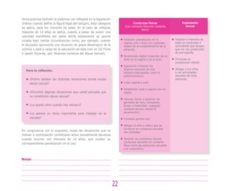 Dicha premisa también la podemos ver reflejada en la legislación
chilena cuando define la figura legal del estupro. Esta categoría               Conductas físicas                     Explotación
                                                                          (Con contacto físico/sin contacto             sexual
se aplica, para los menores de edad. En el caso de niños/as
                                                                                      físico)
mayores de 14 años se aplica, cuando a pesar de existir una
voluntad manifiesta por parte del/la adolescente se asume
viciada bajo ciertas circunstancias como, por ejemplo, cuando            Violación (penetración en la           Implicar a menores de
                                                                         vagina, ano o boca con cualquier       edad en conductas o
el abusador aprovecha una situación de grave desamparo de la             objeto sin el consentimiento de la     actividades que tengan
víctima o está a cargo de la educación de ésta (ver en CD Ficha          persona).                              que ver con producción
2 sesión Docente, ppt. Alcances Jurídicos del Abuso Sexual).                                                    de pornografía.
                                                                         Penetración digital (inserción de un
                                                                         dedo en la vagina o en el ano).        Promover la
                                                                                                                prostitución infantil.
                                                                         Exposición (mostrar los
                                                                         órganos sexuales de una                Obligar a los niños
   Para la reflexión:
                                                                         manera inapropiada, como el            a ver actividades
                                                                         exhibicionismo).                       sexuales de otras
     ¿Podría señalar las distintas situaciones donde existe                                                     personas.
     abuso sexual?                                                       Coito vaginal o anal.

                                                                         Penetración anal o vaginal con un
     ¿Encontró algunas situaciones que usted pensaba que                 objeto.
     no constituían abuso sexual?
                                                                         Caricias (tocar o acariciar los
                                                                         genitales de otro, incluyendo
     ¿Le quedó claro cuando hay estupro?                                 forzar a masturbar; cualquier
                                                                         contacto sexual, menos la
     ¿Le parece un tema importante para trabajar en la                   penetración).
     escuela?                                                            Contacto genital oral.

                                                                         Obligar al niño o niña a que se
                                                                         involucre en contactos sexuales
En congruencia con lo expuesto, todas las situaciones que se             con animales.
indican a continuación constituyen actos sexualmente abusivos
cuando ocurren con menores de 14 años, que reciben su                    También se consideran abusos
                                                                         conductas sexuales sin contacto
correspondiente penalización en la Ley:
                                                                         físico como las peticiones sexuales
                                                                         y el voyeurismo.


Notas:




                                                                    22
 