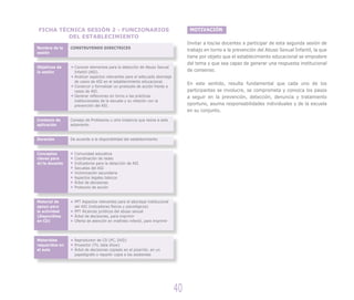 FICHA TÉCNICA SESIÓN 2 - FUNCIONARIOS                                            MOTIVACIÓN
         DEL ESTABLECIMIENTO
                                                                                Invitar a los/as docentes a participar de esta segunda sesión de
Nombre de la    CONSTRUYENDO DIRECTRICES
                                                                                trabajo en torno a la prevención del Abuso Sexual Infantil, la que
sesión
                                                                                tiene por objeto que el establecimiento educacional se empodere
                                                                                del tema y que sea capaz de generar una respuesta institucional
Objetivos de      Conocer elementos para la detección de Abuso Sexual
la sesión         Infantil (ASI).                                               de consenso.
                  Analizar aspectos relevantes para el adecuado abordaje
                  de casos de ASI en el establecimiento educacional.
                                                                                En este sentido, resulta fundamental que cada uno de los
                  Construir y formalizar un protocolo de acción frente a
                  casos de ASI.                                                 participantes se involucre, se comprometa y conozca los pasos
                  Generar reflexiones en torno a las prácticas                  a seguir en la prevención, detección, denuncia y tratamiento
                  institucionales de la escuela y su relación con la
                  prevención del ASI.                                           oportuno, asuma responsabilidades individuales y de la escuela
                                                                                en su conjunto.
Contexto de     Consejo de Profesores u otra instancia que reúna a este
aplicación      estamento.


Duración        De acuerdo a la disponibilidad del establecimiento


Conceptos         Comunidad educativa
claves para       Coordinación de redes
el/la docente     Indicadores para la detección de ASI
                  Secuelas del ASI
                  Victimización secundaria
                  Aspectos legales básicos
                  Árbol de decisiones
                  Protocolo de acción


Material de       PPT Aspectos relevantes para el abordaje institucional
apoyo para        del ASI (indicadores físicos y psicológicos)
la actividad      PPT Alcances jurídicos del abuso sexual
(disponibles      Árbol de decisiones, para imprimir
en CD)            Oferta de atención en maltrato infantil, para imprimir




Materiales        Reproductor de CD (PC, DVD)		
requeridos en     Proyector (TV, data show)
el aula           Árbol de decisiones copiado en el pizarrón, en un
                  papelógrafo o repartir copia a los asistentes




                                                                           40
 