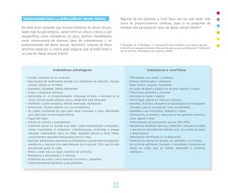 INDICADORES PARA LA DETECCIÓN DE ABUSO SEXUAL
Se debe tener presente que muchos síntomas de abuso sexual,
sobre todo los psicológicos, varían entre un niño/a y otro/a y son
inespecíficos como indicadores, es decir, podrían manifestarse
como consecuencia de diversos tipos de vulneraciones y no
exclusivamente del abuso sexual. Asimismo, ninguno de estos
síntomas basta por sí mismo para asegurar que se está frente a
un caso de Abuso Sexual Infantil.
Indicadores a nivel físico
• Dificultades para andar o sentarse.
• Dolores abdominales o pelvianos.
• Ropa interior rasgada, manchada.
• Se queja de dolor o picazón en la zona vaginal y/o anal.
• Infecciones genitales y urinarias.
• Secreción en pene o vagina.
• Hemorragia vaginal en niñas pre púberes.
• Lesiones, cicatrices, desgarros o magulladuras en los órganos
sexuales, que no se explican como accidentales.
• Genitales o ano hinchados, dilatados o rojos.
• Contusiones, erosiones o sangrado en los genitales externos,
zona vaginal o anal.
• Enfermedades de transmisión sexual, VIH-SIDA.
• Hematomas alrededor del ano, dilatación y desgarros anales
y pérdida de tonicidad del esfínter anal, con salida de gases
y deposiciones.
• Dificultades manifiestas en la defecación.
• Presencia de semen en la boca, en genitales o en la ropa.
• No controla esfínteres. Enuresis y encopresis (incontinencia
fecal) en niños que ya habían aprendido a controlar
esfínteres.
Indicadores psicológicos
• Cambio repentino de la conducta.
• Baja brusca de rendimiento escolar con problemas de atención, fracaso
escolar, retraso en el habla.
• Depresión, ansiedad, llantos frecuentes.
• Culpa o vergüenza extrema.
• Retrocesos en el comportamiento: chuparse el dedo u orinarse en la
cama, incluso puede parecer que su desarrollo está retrasado.
• Inhibición o pudor excesivo. Parece reservado, rechazante.
• Aislamiento. Escasa relación con sus compañeros.
• No quiere cambiarse de ropa para hacer gimnasia o pone dificultades
para participar en actividades físicas.
• Fugas del hogar.
• Intento de suicidio o autolesiones.
• Conducta sexual no acorde a la edad, como masturbación compulsiva,
miedo inexplicable al embarazo, verbalizaciones, conductas o juegos
sexuales inapropiados para su edad, agresión sexual a otros niños,
conocimientos sexuales inadecuados para la edad.
• Aparición de temores repentinos e infundados a una persona en especial,
resistencia a regresar a la casa después de la escuela. Dice que ha sido
atacado por quien lo cuida.
• Miedo a estar solo o a algún miembro de la familia.
• Resistencia a desnudarse y a bañarse.
• Problemas de sueño, como temores nocturnos y pesadillas.
• Comportamientos agresivos y sexualizados.
31
Algunos de los síntomas a nivel físico son los que están más
cerca de proporcionarnos certezas, pues sí se presentan de
manera más exclusiva en casos de abuso sexual infantil.8
8
Miranda, M. y Moltedo, C. Prevención del maltrato y el abuso sexual
infantil en el espacio escolar. Manual de apoyo para profesores. Fundación
de la Familia, Ministerio de Justicia, 2004.
 