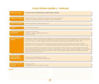 FICHA TÉCNICA SESIÓN 2 - FAMILIAS
Nombre de la sesión
Objetivos de la sesión
Contexto de aplicación
Duración
Conceptos claves para
el/la docente
Orientaciones para el
docente
Material de apoyo
para la actividad
(disponibles en CD)
Materiales requeridos
en el aula	
LA FAMILIA EN LA PREVENCIÓN DEL ABUSO SEXUAL INFANTIL
Reflexionar en torno a los factores de riesgo de Abuso Sexual Infantil (ASI).
Reconocer la experiencia personal en la infancia, como un aprendizaje.
Reunión de apoderados, escuela para padres, etc.
Dos horas aproximadamente
Compromiso de la familia
Valoración, respeto, cuidado, escucha activa
Factores de riesgo
A diferencia de la sesión recomendada como obligatoria, los contenidos de estas sesiones para profundizar en la temática del Abuso
Sexual Infantil no abordan aspectos prácticos relacionados con la implementación de las actividades dirigidas a los alumnos/as (en el
aula y en el hogar) y, por ende, podrían ser extensivas a apoderados y apoderadas de cursos distintos de NB1 y NB 2.
Es importante advertir a los/las docentes a cargo de las sesiones optativas que estas actividades pueden gatillar desbordes
emocionales, pues es probable que uno o más participantes haya sufrido alguna experiencia de abuso sexual a lo largo de su vida.
Esta reacción es esperable y hay que intentar actuar con calma ante ellas. Muchas veces son los otros apoderados quienes suelen
brindar una primera contención emocional; sin embargo, es recomendable ofrecer un espacio personal de acogida y que el/la docente
conozca las redes institucionales del sector que puedan ofrecerle un apoyo especializado por parte de profesionales de la Red de
infancia y de la mujer de su comuna.
Canción de cumbia Vocalá en CD de audio
Texto del Diario de Vida de Fabiola, para imprimir
Equipo de sonido
Papelógrafo o pizarrón con factores de riesgo
46
Notas:
 