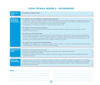 62
FICHA TÉCNICA SESIÓN 2 – ESTUDIANTES
MI CUERPO, MI SEXUALIDAD
En relación con el crecimiento y autoafirmación personal:
El interés por conocer la realidad y utilizar el conocimiento de sí mismo, de las potencialidades y limitaciones de cada uno.
El desarrollo de hábitos de higiene personal y social, desarrollo físico personal en un contexto de respeto y valoración de
la vida y el cuerpo humano, cumplimiento de normas, prevención de riesgos.
La autoestima, la confianza en sí mismo y un sentido positivo ante la vida.
En relación con la persona y su entorno:
Comprender y apreciar la importancia que tienen las dimensiones afectiva, espiritual, ética y social para un sano
desarrollo sexual personal.
En relación a la formación ética:
Conocer, comprender y actuar en concordancia con el principio ético que reconoce que “todos los seres humanos nacen
libres e iguales en dignidad y derechos y dotados de razón y conciencia, deben comportarse fraternalmente los unos con
los otros” . En consecuencia, conocer, respetar y defender la igualdad de derechos esenciales de todas las personas, sin
distinción de sexo, edad, condición física, etnia, religión o situación económica.
En relación con el desarrollo del pensamiento:
Habilidades comunicativas, que se vinculan con exponer ideas, opiniones, convicciones, sentimientos de manera coherente
y fundamentada, haciendo uso de variadas formas de expresión.
Identificar las principales partes del cuerpo.
Reconocer las características propias, la identidad corporal sexuada y respetar las diferencias.
Promover conductas de autocuidado.
Favorecer la construcción de una noción integral de sexualidad, ligada al autocuidado, que incluye aspectos biológicos
e identidad de género.
Es importante que el/la profesor/a mantenga un diálogo con fluidez y naturalidad al hablar de sexualidad con los niños/as.
La materia será abordada por el/la docente del modo que estime conveniente, considerando la perspectiva que represente
los valores de la escuela, respete las diferencias existentes entre las distintas familias y valore la necesidad de educación
sexual desde temprana edad.
Nombre de la
sesión
Objetivos de
Aprendizaje
Transversales
Objetivos de la
sesión
Sugerencias
metodológicas
Notas:
 