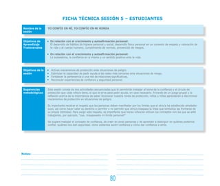 80
FICHA TÉCNICA SESIÓN 5 – ESTUDIANTES
YO CONFÍO EN MÍ, YO CONFÍO EN MI RONDA
En relación con el crecimiento y autoafirmación personal:
El desarrollo de hábitos de higiene personal y social, desarrollo físico personal en un contexto de respeto y valoración de
la vida y el cuerpo humano, cumplimiento de normas, prevención de riesgos.
En relación con el crecimiento y autoafirmación personal:
La autoestima, la confianza en sí mismo y un sentido positivo ante la vida.
Activar mecanismos de protección ante situaciones de peligro.
Estimular la capacidad de pedir ayuda a las redes más cercanas ante situaciones de riesgo.
Fortalecer la pertenencia a una red de relaciones significativas.
Reconocer experiencias de confianza y seguridad personal.
Esta sesión consta de dos actividades secuenciadas que le permitirán trabajar el tema de la confianza y el círculo de
protección que cada niño/a tiene, el que le sirve para pedir ayuda, en caso necesario. A través de un juego grupal y la
reflexión acerca de la importancia de saber reconocer nuestra ronda de protección, niños y niñas aprenderán a discriminar
mecanismos de protección en situaciones de peligro.
Es importante recalcar el respeto que las personas deben manifestar por los límites que el otro/a ha establecido alrededor
suyo, así como hacer valer su derecho a permitir o no permitir que otro/a traspase la línea que simboliza las fronteras de
su propia intimidad. Para exigir este respeto, es importante que los/as niños/as utilicen los conceptos con los que se está
trabajando, por ejemplo, “oye, ¡traspasaste mi límite personal!”
Se sugiere trabajar el concepto de confianza, de creer en otras personas y de aprender a distinguir en quiénes podemos
confiar, quiénes nos dan seguridad, cómo podemos sentir confianza y cómo dar confianza a otros.
Nombre de la
sesión
Objetivos de
Aprendizaje
Transversales
Objetivos de la
sesión
Sugerencias
metodológicas
Notas:
 