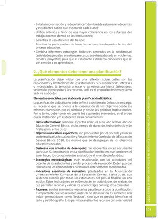 •	Evita la improvisación y reduce la incertidumbre (de esta manera docentes
  y estudiantes saben qué esperar de cada clase);
•	Unifica criterios a favor de una mayor coherencia en los esfuerzos del
  trabajo docente dentro de las instituciones;
•	Garantiza el uso eficiente del tiempo;
•	Coordina la participación de todos los actores involucrados dentro del
  proceso educativo;
•	Combina diferentes estrategias didácticas centradas en la cotidianidad
  (actividades grupales, enseñanza de casos, enseñanza basada en problemas,
  debates, proyectos) para que el estudiante establezca conexiones que le
  den sentido a su aprendizaje.


2. ¿Qué elementos debe tener una planificación?
La planificación debe iniciar con una reflexión sobre cuáles son las
capacidades y limitaciones de los estudiantes, sus experiencias, intereses
y necesidades, la temática a tratar y su estructura lógica (seleccionar,
secuenciar y jerarquizar), los recursos, cuál es el propósito del tema y cómo
se lo va a abordar.




                                                                                   Actualización y Fortalecimiento Curricular de la Educación General Básica 2010
Elementos esenciales para elaborar la planificación didáctica:
La planificación didáctica no debe ceñirse a un formato único; sin embargo,
es necesario que se oriente a la consecución de los objetivos desde los
mínimos planteados por el currículo y desde las políticas institucionales.
Por lo tanto, debe tomar en cuenta los siguientes elementos, en el orden
que la institución y/o el docente crean convenientes:
•	Datos informativos: contiene aspectos como el área, año lectivo, año de
  Educación General Básica, título, tiempo de duración, fecha de inicio y de
  finalización, entre otros.
•	Objetivos educativos específicos: son propuestos por el docente y buscan
  contextualizar la Actualización y Fortalecimiento Curricular de la Educación
  General Básica 2010, los mismos que se desagregan de los objetivos
  educativos del año.
•	Destrezas con criterios de desempeño: Se encuentra en el documento
  curricular. Su importancia en la planificación estriba en que contienen el
  saber hacer, los conocimientos asociados y el nivel de profundidad.
•	Estrategias metodológicas: están relacionadas con las actividades del
  docente, de los estudiantes y con los procesos de evaluación. Deben guardar
  relación con los componentes curriculares anteriormente mencionados.
•	Indicadores esenciales de evaluación: planteados en la Actualización
  y Fortalecimiento Curricular de la Educación General Básica 2010, que
  se deben cumplir por todos los estudiantes del país al finalizar un año
  escolar. Estos indicadores se evidenciarán en actividades de evaluación
  que permitan recabar y validar los aprendizajes con registros concretos.
•	Recursos: son los elementos necesarios para llevar a cabo la planificación.
  Es importante que los recursos a utilizar se detallen; no es suficiente con
  incluir generalidades como “lecturas”, sino que es preciso identificar el
  texto y su bibliografía. Esto permitirá analizar los recursos con anterioridad


                                                                                   101
 