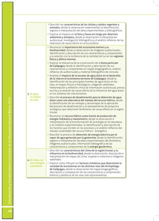 •	Describir las características de las células y tejidos vegetales y
                                                                                                      animales, desde la observación experimental, la identificación,
                                                                                                      registro e interpretación de datos experimentales y bibliográficos.
                                                                                                   •	 Explicar el impacto en la flora y fauna en riesgo por deterioro
                                                                                                      ambiental y antrópico, desde la observación e interpretación
                                                                                                      audiovisual, investigación bibliográfica y el análisis reflexivo de las
                                                                                                      relaciones de causa-efecto en el ecosistema.
                                                                                                   •	 Reconocer la importancia del ecosistema marino y su
                                                                                                      biodiversidad, desde la observación de imágenes audiovisuales,
                                                                                                      identificación y descripción de sus características y componentes
                                                                                                      y la relación con la incidencia de la cantidad de luz en las regiones
                                                                                                      fótica y afótica marinas.
                                                                                                   •	 Explicar la relevancia de la conservación de la biota particular
                                                                                                      de Galápagos, desde la identificación y descripción de sus
                                                                                                      características y componentes en mapas biogeográficos, análisis
                                                                                                      reflexivo de audiovisuales y material bibliográfico de consulta.
                                                                                                   •	 Analizar el impacto de la escasez de agua dulce en el desarrollo
                                                                                                      de la vida en el ecosistema terrestre de Galápagos, desde la
                                                                                                      identificación de las principales fuentes de agua dulce en las
                                                                                                      islas, en mapas físicos e hidrológicos, imágenes satelitales,
                                                                                                      interpretación y reflexión crítica de información audiovisual, prensa
                                                                                                      escrita y la relación de causa-efecto de la influencia del agua dulce
                                                                                 3. El agua,          en los sistemas de vida terrestres.
                                                                                    un medio       •	 Describir el proceso de desalinización para la obtención de agua
Actualización y Fortalecimiento Curricular de la Educación General Básica 2010




                                                                                    de vida           dulce como una alternativa del manejo del recurso hídrico, desde
                                                                                                      la identificación de las ventajas y desventajas de la aplicación
                                                                                                      del proceso de desalinización y el planteamiento de proyectos
                                                                                                      ecológicos que relacionen fenómenos de causa-efecto en la región
                                                                                                      Insular.
                                                                                                   •	 Reconocer el recurso hídrico como fuente de producción de
                                                                                                      energía: hidráulica y mareomotriz, desde la observación e
                                                                                                      interpretación de la transformación de la energía en la naturaleza
                                                                                                      y en modelos experimentales, la identificación y descripción de
                                                                                                      los factores que inciden en los procesos y el análisis reflexivo del
                                                                                                      manejo sustentable del recurso hídrico - energético.
                                                                                                   •	 Describir el proceso de obtención de energía eléctrica por el
                                                                                                      vapor de agua generado por la geotermia, desde la identificación,
                                                                                                      registro e interpretación de datos experimentales del fenómeno,
                                                                                                      imágenes audiovisuales, información bibliográfica de las
                                                                                                      características y componentes de la energía geotérmica.
                                                                                                   •	 Describir las características del clima de la región Insular y su
                                                                                                      influencia en la biodiversidad, desde la observación, descripción e
                                                                                                      interpretación de mapas de clima, isoyetas e isotermas e imágenes
                                                                                 4. El clima, un      satelitales.
                                                                                    aire siempre   •	 Explicar cómo influyen los factores climáticos que determinan la
                                                                                    cambiante         variedad de ecosistemas en las distintas islas del Archipiélago
                                                                                                      de Galápagos, desde la observación de mapas biogeográficos,
                                                                                                      descripción y comparación de las características y componentes
                                                                                                      bióticos y abióticos de las islas más representativas.




           48
 