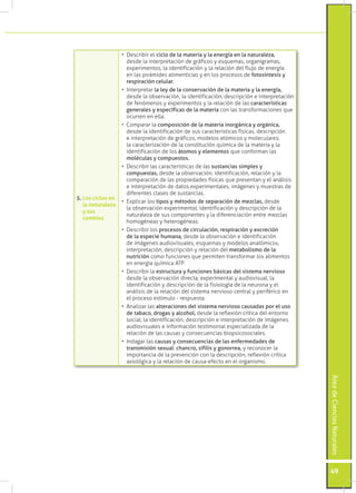 •	 Describir el ciclo de la materia y la energía en la naturaleza,
                      desde la interpretación de gráficos y esquemas, organigramas,
                      experimentos, la identificación y la relación del flujo de energía
                      en las pirámides alimenticias y en los procesos de fotosíntesis y
                      respiración celular.
                   •	 Interpretar la ley de la conservación de la materia y la energía,
                      desde la observación, la identificación, descripción e interpretación
                      de fenómenos y experimentos y la relación de las características
                      generales y específicas de la materia con las transformaciones que
                      ocurren en ella.
                   •	 Comparar la composición de la materia inorgánica y orgánica,
                      desde la identificación de sus características físicas, descripción
                      e interpretación de gráficos, modelos atómicos y moleculares;
                      la caracterización de la constitución química de la materia y la
                      identificación de los átomos y elementos que conforman las
                      moléculas y compuestos.
                   •	 Describir las características de las sustancias simples y
                      compuestas, desde la observación, identificación, relación y la
                      comparación de las propiedades físicas que presentan y el análisis
                      e interpretación de datos experimentales, imágenes y muestras de
                      diferentes clases de sustancias.
5. Los ciclos en
                   •	 Explicar los tipos y métodos de separación de mezclas, desde
   la naturaleza
                      la observación experimental, identificación y descripción de la
   y sus
                      naturaleza de sus componentes y la diferenciación entre mezclas
   cambios
                      homogéneas y heterogéneas.
                   •	 Describir los procesos de circulación, respiración y excreción
                      de la especie humana, desde la observación e identificación
                      de imágenes audiovisuales, esquemas y modelos anatómicos,
                      interpretación, descripción y relación del metabolismo de la
                      nutrición como funciones que permiten transformar los alimentos
                      en energía química ATP.
                   •	 Describir la estructura y funciones básicas del sistema nervioso
                      desde la observación directa, experimental y audiovisual, la
                      identificación y descripción de la fisiología de la neurona y el
                      análisis de la relación del sistema nervioso central y periférico en
                      el proceso estímulo - respuesta.
                   •	 Analizar las alteraciones del sistema nervioso causadas por el uso
                      de tabaco, drogas y alcohol, desde la reflexión crítica del entorno
                      social, la identificación, descripción e interpretación de imágenes
                      audiovisuales e información testimonial especializada de la
                      relación de las causas y consecuencias biopsicosociales.
                   •	 Indagar las causas y consecuencias de las enfermedades de
                      transmisión sexual: chancro, sífilis y gonorrea, y reconocer la
                      importancia de la prevención con la descripción, reflexión crítica
                      axiológica y la relación de causa-efecto en el organismo.
                                                                                              Área de Ciencias Naturales




                                                                                              49
 