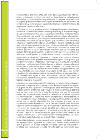 corresponder a diferentes años. Con estos datos sus estudiantes interpre-
                                                                                 tarán y relacionarán el número de especies, la cantidad de individuos por
                                                                                 población y por zona de vida. Luego realizarán la comparación, para lo cual
                                                                                 se sugiere que los docentes orienten para la determinación de criterios de
                                                                                 comparación, y como resultado sus estudiantes lleguen a la formulación de
                                                                                 conclusiones y recomendaciones.
                                                                                 La flora de las islas al igual que el resto de la vegetación, en cualquier con-
                                                                                 dición que se desarrollen, deben obtener y retener agua, mantenerse ergui-
                                                                                 das y dispersar sus semillas para asegurar su permanencia en el ecosistema.
                                                                                 Para cumplir con esta función, las plantas agrupan sus células y las especia-
                                                                                 lizan para formar tejidos que cumplen funciones específicas, establecidas
                                                                                 de acuerdo con la función de los órganos que conforman. A fin de que sus
                                                                                 estudiantes logren comprender las funciones que llevan a efecto las plantas
                                                                                 para vivir, se recomienda a los docentes iniciar con el estudio morfológico
                                                                                 de los órganos que las componen. Durante el proceso anterior, es esencial
                                                                                 orientar para que a su vez establezcan relaciones con las funciones que
                                                                                 realizan. También, para favorecer la comprensión, es necesario establecer
                                                                                 relaciones homólogas con las funciones que cumple el organismo animal.
                                                                                 A partir del estudio de los órganos de las plantas, se recomienda a los do-
                                                                                 centes favorecer la búsqueda de información bibliográfica o en gráficos que
                                                                                 pueden obtenerse de imágenes en Internet, para analizar las características
Actualización y Fortalecimiento Curricular de la Educación General Básica 2010




                                                                                 funcionales y estructurales de cada clase de tejido que compone el cuerpo
                                                                                 de las plantas, por ejemplo: protectores, de soporte, conductores, secreto-
                                                                                 res y reproductivos. Para afianzar el conocimiento, se sugiere realizar con
                                                                                 el estudiantado observaciones al microscopio de los tejidos que forman
                                                                                 a la planta. En esta etapa guíelos a formular hipótesis, a reconocer las es-
                                                                                 tructuras celulares, a graficar correctamente estas observaciones y formular
                                                                                 conclusiones. Proceso que culminará con la elaboración de los informes de
                                                                                 laboratorio para su evaluación.
                                                                                 A través de las observaciones al microscopio de los tejidos, nos damos cuen-
                                                                                 ta que siempre agrupan cierto tipo de células. Para estudiar la célula vegetal,
                                                                                 se sugiere hacerlo a partir de la investigación de la información en textos
                                                                                 y observaciones en láminas, audiovisuales o imágenes animadas. Sobre la
                                                                                 base de estas observaciones, el docente mediante una guía de preguntas
                                                                                 conducirá a sus estudiantes a identificar cada una de las partes, organelos
                                                                                 y clases de células. Es importante insistir en la presencia de la pared celular
                                                                                 y los cloroplastos típicos de la célula vegetal para diferenciarla de la célula
                                                                                 animal. Una vez identificadas deben describir su forma, estructura y las fun-
                                                                                 ciones que cumplen. Para esto, es preciso realizar observaciones de células
                                                                                 vegetales con el microscopio. En esta etapa oriéntelos a formular hipótesis,
                                                                                 a reconocer las estructuras celulares, a graficar correctamente estas obser-
                                                                                 vaciones y formular conclusiones. Es importante que el docente insista en
                                                                                 la correcta ejecución de las placas para logar los resultados deseados. Se
                                                                                 sugiere, asimismo, que la presentación del informe resultante de las obser-
                                                                                 vaciones de sus estudiantes sea una actividad evaluativa.
                                                                                 En las islas Galápagos también encontramos una gran variedad de anima-
                                                                                 les representativos, agrupados en clases como reptiles, aves y mamíferos
                                                                                 que, al igual que las plantas, cumplen funciones a partir de estructuras es-
                                                                                 pecíficas para mantenerse con vida. Por esta razón, es conveniente guiar


           54
 