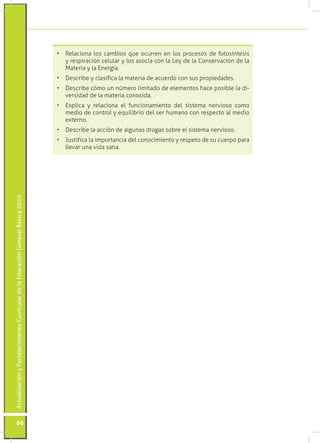 •	 Relaciona los cambios que ocurren en los procesos de fotosíntesis
                                                                                    y respiración celular y los asocia con la Ley de la Conservación de la
                                                                                    Materia y la Energía.
                                                                                 •	 Describe y clasifica la materia de acuerdo con sus propiedades.
                                                                                 •	 Describe cómo un número limitado de elementos hace posible la di-
                                                                                    versidad de la materia conocida.
                                                                                 •	 Explica y relaciona el funcionamiento del sistema nervioso como
                                                                                    medio de control y equilibrio del ser humano con respecto al medio
                                                                                    externo.
                                                                                 •	 Describe la acción de algunas drogas sobre el sistema nervioso.
                                                                                 •	 Justifica la importancia del conocimiento y respeto de su cuerpo para
                                                                                    llevar una vida sana.
Actualización y Fortalecimiento Curricular de la Educación General Básica 2010




           66
 