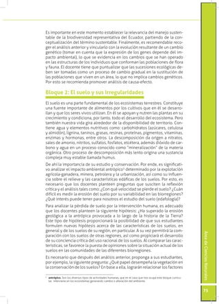 Es importante en este momento establecer la relevancia del manejo susten-
table de la biodiversidad representativa del Ecuador, partiendo de la con-
ceptualización del término sustentable. Finalmente, es recomendable reco-
ger el análisis anterior y vincularlo con la evolución resultante de un cambio
genético (tomar en cuenta que la expresión de los genes depende del im-
pacto ambiental), lo que se evidencia en los cambios que se han operado
en las estructuras de los individuos que conforman las poblaciones de flora
y fauna. El docente tiene que puntualizar que las sucesiones ecológicas de-
ben ser tomadas como un proceso de cambio gradual en la sustitución de
las poblaciones que viven en un área, lo que no implica cambios genéticos.
Por esto se recomienda promover análisis de causa-efecto.

Bloque 2: El suelo y sus irregularidades
El suelo es una parte fundamental de los ecosistemas terrestres. Constituye
una fuente importante de alimentos por los cultivos que en él se desarro-
llan y que los seres vivos utilizan. En él se apoyan y nutren las plantas en su
crecimiento y condiciona, por tanto, todo el desarrollo del ecosistema. Pero
también nuestra vida gira alrededor de la disponibilidad de territorio. Con-
tiene agua y elementos nutritivos como: carbohidratos (azúcares, celulosa
y almidón), lignina, taninos, grasas, resinas, proteínas, pigmentos, vitaminas,
enzimas y hormonas, entre otros. La descomposición da origen a nitratos,
sales de amonio, nitritos, sulfatos, fosfatos, etcétera, además dióxido de car-
bono y agua en un proceso conocido como “mineralización” de la materia
orgánica. Otro proceso de descomposición más lento origina una sustancia
compleja muy estable llamada humus.
De ahí la importancia de su estudio y conservación. Por ende, es significati-
vo analizar el impacto ambiental antrópico5 determinado por la explotación
agrícola-ganadera, minera, petrolera y la urbanización, así como su influen-
cia sobre el relieve y las características edáficas de los suelos. Por esto, es
necesario que los docentes planteen preguntas que susciten la reflexión
crítica y el análisis tales como: ¿Con qué velocidad se pierde el suelo? ¿Cuán
difícil es medir la erosión del suelo por su variabilidad en las biorregiones?
¿Qué interés puede tener para nosotros el estudio del suelo (edafología)?
Para analizar la pérdida de suelo por la intervención humana, es adecuado
que los docentes planteen la siguiente hipótesis: ¿Ha superado la erosión
geológica a la antrópica provocada a lo largo de la historia de la Tierra?
Este tipo de hipótesis proporcionará la posibilidad de que sus estudiantes
formulen nuevas hipótesis acerca de las características de los suelos, en
general y de los suelos de su región, en particular. A su vez permitirá la com-
                                                                                                                Área de Ciencias Naturales




paración con los suelos de otras regiones, así como propiciará el desarrollo
de su conciencia crítica del uso racional de los suelos. Al comparar las carac-
terísticas, se favorece la puesta de opiniones sobre la situación actual de los
suelos en las comunidades de las diferentes biorregiones.
Es necesario que después del análisis anterior, proponga a sus estudiantes,
por ejemplo, la siguiente pregunta: ¿Qué papel desempeña la vegetación en
la conservación de los suelos? En base a ella, lograrán relacionar los factores

	 antrópico. Son los diversos tipos de actividades humanas, que en el caso que nos ocupa este bloque curricu-
5

  lar, interviene en los ecosistemas generando cambio o alteración del ambiente.


                                                                                                                75
 