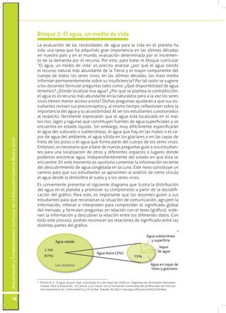 Bloque 3: El agua, un medio de vida
                                                                                 La evaluación de las necesidades de agua para la vida en el planeta ha
                                                                                 sido una tarea que ha adquirido gran importancia en las últimas décadas
                                                                                 en nuestro país y en el mundo, evaluación determinada por el incremen-
                                                                                 to de la demanda por el recurso. Por esto, para tratar el bloque curricular
                                                                                 “El agua, un medio de vida” es preciso analizar ¿por qué el agua siendo
                                                                                 el recurso natural más abundante de la Tierra y el mayor componente del
                                                                                 cuerpo de todos los seres vivos, en las últimas décadas, los mass media
                                                                                 informan permanentemente sobre su insuficiencia? Por tal razón se sugiere
                                                                                 a los docentes formular preguntas tales como: ¿Qué disponibilidad de agua
                                                                                 tenemos? ¿Dónde localizar esa agua? ¿Por qué se plantea la contradicción:
                                                                                 el agua es el recurso más abundante en la naturaleza pero a la vez los seres
                                                                                 vivos tienen menor acceso a esta? Dichas preguntas ayudarán a que sus es-
                                                                                 tudiantes revisen sus preconceptos y, al mismo tiempo, reflexionen sobre la
                                                                                 importancia del agua y su accesibilidad. Al ser los estudiantes cuestionados
                                                                                 al respecto, fácilmente expresarán que el agua está localizada en el mar,
                                                                                 los ríos, lagos y lagunas que constituyen fuentes de agua superficiales y se
                                                                                 encuentra en estado líquido. Sin embargo, muy difícilmente especificarán
                                                                                 el agua del subsuelo o subterráneas, el agua que hay en las nubes o el va-
                                                                                 por de agua del ambiente, el agua sólida en los glaciares o en las capas de
Actualización y Fortalecimiento Curricular de la Educación General Básica 2010




                                                                                 hielo de los polos o el agua que forma parte del cuerpo de los seres vivos.
                                                                                 Entonces, es necesario que a base de nuevas preguntas guíe a sus estudian-
                                                                                 tes para una localización de otros y diferentes espacios o lugares donde
                                                                                 podemos encontrar agua, independientemente del estado en que ésta se
                                                                                 encuentre. En este momento es oportuno comentar la información reciente
                                                                                 del descubrimiento de agua congelada en la Luna. Este nexo constituye un
                                                                                 camino para que sus estudiantes se aproximen al análisis de cómo circula
                                                                                 el agua desde la atmósfera al suelo y a los seres vivos.
                                                                                 Es conveniente presentar el siguiente diagrama que ilustra la distribución
                                                                                 del agua en el planeta y promover su comprensión a partir de la decodifi-
                                                                                 cación del gráfico. Para esto, es importante que los docentes guíen a sus
                                                                                 estudiantes para que reconozcan la situación de comunicación, agrupen la
                                                                                 información, infieran e interpreten para comprender el significado global
                                                                                 del mensaje, y formulen preguntas en relación con el texto (gráfico), orde-
                                                                                 nen la información y descubran la relación entre los diferentes datos. Con
                                                                                 todo este proceso, podrán reconocer las relaciones de significado entre las
                                                                                 distintas partes del gráfico.
                                                                                                                                                                                                  8

                                                                                                                                                                       Agua subterránea
                                                                                               Agua salada                                                               y superficie
                                                                                                                                                                                 Vapor
                                                                                      2 700                                                                                     de agua
                                                                                                                                Agua dulce (3%)
                                                                                      (97%)                                                                  75%

                                                                                               Los océanos                                                                 Agua en capas de
                                                                                                                                                                           hielo y glaciares


                                                                                 8
                                                                                  	 Rincón A. G. El agua: recurso vital, consultado el 4 de mayo del 2009, en Organización de Estados Iberoame-
                                                                                    ricanos: Para la Educación, la Ciencia y la Cultura en su Formación continuada del profesorado de Ciencias.
                                                                                    Una experiencia en Centroamérica y El Caribe, Tomado de http://.oei.org.co/fpciencia/art20.htm#aa


           78
 