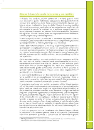 Bloque 5. Los ciclos en la naturaleza y sus cambios
En nuestra vida cotidiana, ocurren cambios en la materia que nos rodea
pues observamos que los materiales y las sustancias de la que está formada
cambian o se transforman tanto física como químicamente. Algunos cam-
bios se operan en el aspecto forma o estado. Estos se denominan cambios
físicos, que son cambios transitorios de las sustancias que no afectan a la
naturaleza de la materia. Se producen por la acción de un agente externo a
la naturaleza de ésta como, por ejemplo, la influencia del calor. Se pueden
distinguir dos tipos de cambios de estado según sea la influencia del calor:
cambios progresivos y cambios regresivos.
En este bloque curricular “Los ciclos en la naturaleza” se presenta una vi-
sión sencilla, destacando la transformación de sus componentes y los ciclos
que se operan entre la materia y la energía en la naturaleza.
El tema de transformaciones de la materia y, en particular, cambios físicos y
químicos son conceptos complicados porque los estudiantes comprenden
el cambio químico como quemar y al físico como romper, pues a lo largo de
sus estudios son pocos los ejemplos distintos a estos que se les presentan.
Además, observan que los cambios químicos son irreversibles y los físicos
son reversibles.
Frente a este escenario, es necesario que los docentes propongan activida-
des como elaborar una lista de cambios que experimentan las sustancias y
materiales ordinariamente. Clasificar los cambios listados en físicos y quí-
micos explicando los criterios seguidos para hacer esta clasificación. Con
esta actividad debe quedar claro cuando un cambio es físico y cuando es
químico, y cómo estos cambios se vinculan con los ciclos biogeoquímicos10
que ocurren en la naturaleza.
Es conveniente también que los docentes formulen preguntas que permi-
tan la revisión de los preconceptos que tienen sus estudiantes: ¿Cómo se
presentan en general los materiales que nos rodean? ¿Qué propiedades y
transformaciones muestran los materiales que nos circunda?
Es importante que frente a las posibles respuestas (sólido, líquido y gaseo-
so), los docentes formulen nuevos cuestionamientos o planteen ejemplos
que a través de una técnica mayéutica, según la cual el profesorado y el
estudiantado se ponen en un mismo plano o nivel de diálogo, y a través de
preguntas y respuestas logran construir el conocimiento. Este debate permi-
tirá que sus estudiantes lleguen a nuevos conceptos desarrollados a partir
de los iniciales. Nuevos conceptos que conduzcan a aclarar que la materia
también se puede presentar en formas no sustanciales mucho más dilui-
                                                                                                              Área de Ciencias Naturales




das, que son los estados o fases de agregación de la materia, relacionadas
con las fuerzas de unión de las partículas (moléculas, átomos o iones) que
constituyen la materia: plasmas como los del sol, campos electromagnéticos
como los de la luz, entre otros.
Es oportuno que para continuar con el desarrollo de este bloque curricular
se revisen los conocimientos previos sobre la tabla periódica, representa-
ción de los elementos químicos, la ubicación de los elementos en grupos

 	 ciclo biogeoquímico. Circuito que recorre una sustancia inorgánica a través de un ecosistema. Los ciclos
10

   biogeoquímicos implican elementos o sustancias esenciales para la vida.


                                                                                                              83
 