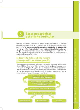 3         Bases pedagógicas
              del diseño curricular

El nuevo documento curricular de la Educación General Básica se sustenta
en diversas concepciones teóricas y metodológicas del quehacer educativo;
en especial, se han considerado algunos de los principios de la Pedagogía
Crítica, que ubica al estudiantado como protagonista principal del apren-




                                                                                  Actualización y Fortalecimiento Curricular de la Educación General Básica 2010
dizaje, dentro de diferentes estructuras metodológicas, con predominio de
las vías cognitivistas y constructivistas. Estos referentes de orden teórico se
integran de la siguiente forma:

El desarrollo de la condición humana
y la preparación para la comprensión
El proceso de Actualización y Fortalecimiento Curricular de la Educación
General Básica tiene como objetivo desarrollar la condición humana y pre-
parar para la comprensión, para lo cual el accionar educativo se orienta a
la formación de ciudadanos que practiquen valores que les permiten inte-
ractuar con la sociedad con respeto, responsabilidad, honestidad y solida-
ridad, aplicando los principios del Buen Vivir.
                          El desarrollo de la condición humana
                           y la enseñanza para la comprensión


                         Jerarquización de la formación humana
                            en articulación con la preparación
                                    científica y cultural


                         La comprensión entre los seres humanos


                            Respeto, solidaridad y honestidad




     Interculturalidad              Plurinacionalidad             Inclusión


                                                                                               9
 