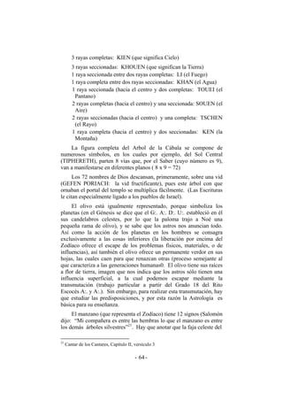 3 rayas completas: KIEN (que significa Cielo)
3 rayas seccionadas: KHOUEN (que significan la Tierra)
1 raya seccionada entre dos rayas completas: LI (el Fuego)
1 raya completa entre dos rayas seccionadas: KHAN (el Agua)
1 raya seccionada (hacia el centro y dos completas: TOUEI (el
Pantano)
2 rayas completas (hacia el centro) y una seccionada: SOUEN (el
Aire)
2 rayas seccionadas (hacia el centro) y una completa: TSCHEN
(el Rayo)
1 raya completa (hacia el centro) y dos seccionadas: KEN (la
Montaña)
La figura completa del Arbol de la Cábala se compone de
numerosos símbolos, en los cuales por ejemplo, del Sol Central
(TIPHERETH), parten 8 vías que, por el Saber (cuyo número es 9),
van a manifestarse en diferentes planos ( 8 x 9 = 72)
Los 72 nombres de Dios descansan, primeramente, sobre una vid
(GEFEN PORIACH: la vid fructificante), pues este árbol con que
ornaban el portal del templo se multiplica fácilmente. (Las Escrituras
le citan especialmente ligado a los pueblos de Israel).
El olivo está igualmente representado, porque simboliza los
planetas (en el Génesis se dice que el G:. A:. D:. U:. estableció en él
sus candelabros celestes, por lo que la paloma trajo a Noé una
pequeña rama de olivo), y se sabe que los astros nos anuncian todo.
Así como la acción de los planetas en los hombres se consagra
exclusivamente a las cosas inferiores (la liberación por encima del
Zodíaco ofrece el escape de los problemas físicos, materiales, o de
influencias), así también el olivo ofrece un permanente verdor en sus
hojas, las cuales caen para que renazcan otras (proceso semejante al
que caracteriza a las generaciones humanas0. El olivo tiene sus raíces
a flor de tierra, imagen que nos indica que los astros sólo tienen una
influencia superficial, a la cual podemos escapar mediante la
transmutación (trabajo particular a partir del Grado 18 del Rito
Escocés A:. y A:.). Sin embargo, para realizar esta transmutación, hay
que estudiar las predisposiciones, y por esta razón la Astrología es
básica para su enseñanza.
El manzano (que representa el Zodíaco) tiene 12 signos (Salomón
dijo: “Mi compañera es entre las hembras lo que el manzano es entre
los demás árboles silvestres”21
. Hay que anotar que la faja celeste del
21
Cantar de los Cantares, Capítulo II, versículo 3
- -64
 