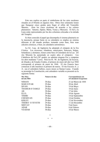 Esto nos explica en parte el simbolismo de los siete escalones
situados en el Oriente en algunos ritos. Otros ritos solamente tienen
que franquear cinco gradas para llegar al sillón del Venerable
Maestro. (Son los cinco escalones de acuerdo a los colores
planetarios: Saturno, Júpiter, Marte, Venus y Mercurio. El Sol y la
Luna están representados por las dos columnas colocadas a la entrada
del Templo).
Es bien conocido el papel que desempeña el sistema planetario en
la masonería, porque hasta en su calendario se emplea un sistema
diferente al del mundo profano, tomando como base, bien sean
cálculos cósmicos, o bien, un calendario astronómico.
La Gr:. Log:. de Inglaterra ha adoptado el cómputo de la Era
Crística. Los escoceses, irlandeses, americanos, franceses, belgas,
holandeses y alemanes, tienen como base el Calendario de la Luz. (El
rito Misraim ha aumentado en cuatro años el cómputo). Los
Caballeros del Sol (28º grado), no admiten ninguna Era y computan
los años mediante 7 ceros. Para los H:. M:. de Inglaterra, de Escocia,
de Irlanda y de Estados Unidos, el primero de enero del año Luz 5844
corresponde al primero de enero de 1844. El rito Francés hace
comenzar el año masónico el primero de marzo. El rito Escocés A:. y
A:. usa el calendario hebreo, cuyos meses se llaman Lunas. Cuando
se promulgó la Constitución, este calendario variable se presentó en la
siguiente forma:
Mes Mas:.
del año 5844
Número de días Correspondencia con
el Calendario Gregoriano
NISSAN
SIAR O IYAR
SIVAN
THAMUR O TAMUZ
AB
ELUL
TISHRI
CHESHVAN
KISLEV
THEBET O TEVETH
SHEVAT
ADAR
VEADAR
30 días
29 días
30 días
29 días
30 días
29 días
30 días
29 días
29 días
29 días
30 días
30 días
30 días
21 de Marzo de 1844
20 de Abril
19 de Mayo
18 de Junio
17 de Julio
10 de Agosto
14 de Septiembre
14 de Octubre
12 de Noviembre
11 de Diciembre
9 de Enero
8 de Febrero
10 de Marzo
*
* *
- -68
 