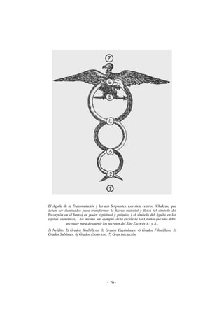 El Aguila de la Transmutación y las dos Serpientes. Los siete centros (Chakras) que
deben ser iluminados para transformar la fuerza material y física (el símbolo del
Escorpión en el barro) en poder espiritual y psíquico ( el símbolo del Aguila en las
esferas esotéricas). Así mismo un ejemplo de la escala de los Grados que uno debe
ascender para descubrir los secretos del Rito Escocés A:. y A:.
1) Neófito. 2) Grados Simbólicos. 3) Grados Capitulares. 4) Grados Filosóficos. 5)
Grados Sublimes. 6) Grados Esotéricos. 7) Gran Iniciación.
- -76
 