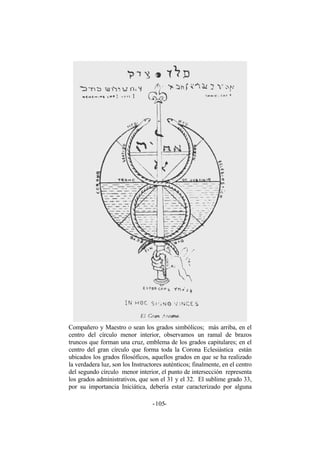 Compañero y Maestro o sean los grados simbólicos; más arriba, en el
centro del círculo menor interior, observamos un ramal de brazos
truncos que forman una cruz, emblema de los grados capitulares; en el
centro del gran círculo que forma toda la Corona Eclesiástica están
ubicados los grados filosóficos, aquellos grados en que se ha realizado
la verdadera luz, son los Instructores auténticos; finalmente, en el centro
del segundo círculo menor interior, el punto de intersección representa
los grados administrativos, que son el 31 y el 32. El sublime grado 33,
por su importancia Iniciática, debería estar caracterizado por alguna
- -105
 