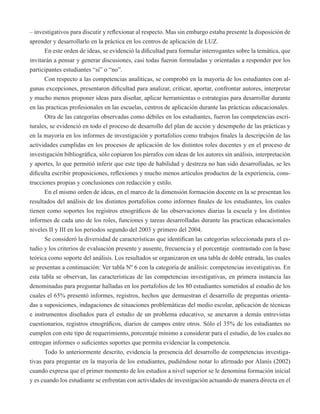 – investigativos para discutir y reflexionar al respecto. Mas sin embargo estaba presente la disposición de 
aprender y desarrollarlo en la práctica en los centros de aplicación de LUZ. 
En este orden de ideas, se evidenció la dificultad para formular interrogantes sobre la temática, que 
invitarán a pensar y generar discusiones, casi todas fueron formuladas y orientadas a responder por los 
participantes estudiantes “sí” o “no”. 
Con respecto a las competencias analíticas, se comprobó en la mayoría de los estudiantes con al-gunas 
excepciones, presentaron dificultad para analizar, criticar, aportar, confrontar autores, interpretar 
y mucho menos proponer ideas para diseñar, aplicar herramientas o estrategias para desarrollar durante 
en las practicas profesionales en las escuelas, centros de aplicación durante las prácticas educacionales. 
Otra de las categorías observadas como débiles en los estudiantes, fueron las competencias escri-turales, 
se evidenció en todo el proceso de desarrollo del plan de acción y desempeño de las prácticas y 
en la mayoría en los informes de investigación y portafolios como trabajos finales la descripción de las 
actividades cumplidas en los procesos de aplicación de los distintos roles docentes y en el proceso de 
investigación bibliográfica, sólo copiaron los párrafos con ideas de los autores sin análisis, interpretación 
y aportes, lo que permitió inferir que este tipo de habilidad y destreza no han sido desarrolladas, se les 
dificulta escribir proposiciones, reflexiones y mucho menos artículos productos de la experiencia, cons-trucciones 
propias y conclusiones con redacción y estilo. 
En el mismo orden de ideas, en el marco de la dimensión formación docente en la se presentan los 
resultados del análisis de los distintos portafolios como informes finales de los estudiantes, los cuales 
tienen como soportes los registros etnográficos de las observaciones diarias la escuela y los distintos 
informes de cada uno de los roles, funciones y tareas desarrolladas durante las practicas educacionales 
niveles II y III en los periodos segundo del 2003 y primero del 2004. 
Se consideró la diversidad de características que identifican las categorías seleccionada para el es-tudio 
y los criterios de evaluación presente y ausente, frecuencia y el porcentaje contrastado con la base 
teórica como soporte del análisis. Los resultados se organizaron en una tabla de doble entrada, las cuales 
se presentan a continuación: Ver tabla Nº 6 con la categoría de análisis: competencias investigativas. En 
esta tabla se observan, las características de las competencias investigativas, en primera instancia las 
denominadas para preguntar halladas en los portafolios de los 80 estudiantes sometidos al estudio de los 
cuales el 65% presentó informes, registros, hechos que demuestran el desarrollo de preguntas orienta-das 
a suposiciones, indagaciones de situaciones problemáticas del medio escolar, aplicación de técnicas 
e instrumentos diseñados para el estudio de un problema educativo, se anexaron a demás entrevistas 
cuestionarios, registros etnográficos, diarios de campos entre otros. Sólo el 35% de los estudiantes no 
cumplen con este tipo de requerimiento, porcentaje mínimo a considerar para el estudio, de los cuales no 
entregan informes o suficientes soportes que permita evidenciar la competencia. 
Todo lo anteriormente descrito, evidencia la presencia del desarrollo de competencias investiga-tivas 
para preguntar en la mayoría de los estudiantes, pudiéndose notar lo afirmado por Alanís (2002) 
cuando expresa que el primer momento de los estudios a nivel superior se le denomina formación inicial 
y es cuando los estudiante se enfrentan con actividades de investigación actuando de manera directa en el 
 