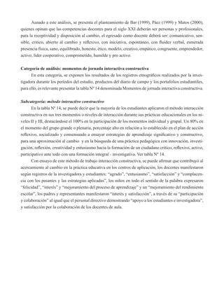 Aunado a este análisis, se presenta el planteamiento de Bar (1999), Páez (1999) y Matos (2000), 
quienes opinan que las competencias docentes para el siglo XXI deberán ser personas y profesionales, 
para la receptividad y disposición al cambio, el egresado como docente deberá ser: comunicativo, sen-sible, 
critico, abierto al cambio y reflexivo, con iniciativa, espontáneo, con fluidez verbal, esmerada 
presencia física, sano, equilibrado, honesto, ético, modelo, creativo, empático, congruente, emprendedor, 
activo, líder cooperativo, comprometido, humilde y pro activo. 
Categoría de análisis: momentos de jornada interactiva constructiva 
En esta categoría, se exponen los resultados de los registros etnográficos realizados por la inves-tigadora 
durante los períodos del estudio, productos del diario de campo y los portafolios estudiantiles, 
para ello, es relevante presentar la tabla Nº 14 denominada Momentos de jornada interactiva constructiva. 
Subcategoría: método interactivo constructivo 
En la tabla Nº 14, se puede decir que la mayoría de los estudiantes aplicaron el método interacción 
constructiva en sus tres momentos o niveles de interacción durante sus prácticas educacionales en los ni-veles 
II y III, destacándose el 100% en la participación de los momentos individual y grupal. Un 80% en 
el momento del grupo grande o plenaria, porcentaje alto en relación a lo establecido en el plan de acción 
reflexivo, socializado y consensuado a ensayar estrategias de aprendizaje significativo y constructivo, 
para una aproximación al cambio y en la búsqueda de una práctica pedagógica con innovación, investi-gación, 
reflexión, creatividad y entusiasmo hacia la formación de un ciudadano crítico, reflexivo, activo, 
participativo ante todo con una formación integral - investigativa. Ver tabla Nº 14. 
Con ensayo de este método de trabajo interacción constructiva, se puede afirmar que contribuyó al 
acercamiento al cambio en la práctica educativa en los centros de aplicación, los docentes manifestaron 
según registros de la investigadora y estudiantes: “agrado”, “entusiasmo”, “satisfacción” y “complacen-cia 
con los pasantes y las estrategias aplicadas”, los niños en todo el sentido de la palabra expresaron 
“felicidad”, “interés” y “mejoramiento del proceso de aprendizaje” y un “mejoramiento del rendimiento 
escolar”, los padres y representantes manifestaron “interés y satisfacción”, a través de su “participación 
y colaboración” al igual que el personal directivo demostrando “apoyo a los estudiantes e investigadora”, 
y satisfacción por la colaboración de los docentes de aula. 
 