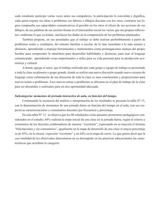 cada estudiante participe varias veces antes sus compañeros, la participación lo convalida y dignifica, 
cada quien expone sus ideas o problemas sus labores o dibujos discuten con los otros, contracta sus lo-gros 
comprueba sus capacidades comunicativas al percibir en los otros el efecto de sus acciones de sus 
dibujos, de sus palabras de sus escritos llenan en el intercambio social los vacíos que sus propias reflexio-nes, 
reafirman lo que ya tenían, satisfacen las dudas en la comprensión de los problemas planteados. 
También propone, en sus postulados que el trabajo se debe realizar preferiblemente a partir de 
problemas reales y cotidianos, del entorno familiar o escolar, de lo más inmediato a lo más remoto y 
abstracto, aprendiendo a manejar herramientas e instrumentos como prolongaciones mutuas del propio 
hombre para comprender la naturaleza para desarrollar habilidades y destrezas, para usar el lenguaje 
comunicando, aprendiendo cosas impertinentes y útiles para su vida personal para su producción eco-nómica 
y cultural. 
A demás agrega el autor, que el trabajo realizado por cada grupo o equipo de trabajo es presentado 
a toda la clase en plenaria o grupo grande, donde se realiza una nueva discusión usando nuevo recurso de 
lenguaje como culminación de esa discusión de toda la clase se saca conclusiones y proposiciones para 
nuevos temas o problemas. Esos nuevos temas o problemas se ubicaran en el plan de trabajo de la clase 
para ser discutidos o realizados para en otra oportunidad adecuada. 
Subcategoría: momentos de jornada interactiva de aula, en función del tiempo. 
Continuando la secuencia del análisis e interpretación de los resultados se presenta la tabla Nº 15, 
con la denominación de momentos de una jornada diaria en función del tiempo en el aula, con sus res-pectivas 
caracterizaciones y comentarios docentes por frecuencia y porcentaje. 
En esta tabla Nº 15, se observa que los 80 estudiantes como pasantes promotores pedagógicos con-siderados 
en el estudio, 60% realizan la etapa inicial de una clase en la jornada diaria, según el criterio y 
comentario de los docentes colaboradores de manera: “excelente”, expresando en su mayoría el término 
“felicitaciones y sin comentarios”, igualmente en la etapa de desarrollo de una clase el mayor porcentaje 
es de 45%, en la misma expresión “excelente” y un 64% en la etapa de cierre. Lo que quiere decir que la 
casi totalidad de los observados demostraron en su desempeño en las practicas educacionales las carac-terísticas 
que acreditan la categoría. 
 