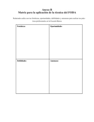 Anexo B 
Matriz para la aplicación de la técnica del FODA 
Redactada cuáles son tus fortalezas, oportunidades, debilidades y amenazas para realizar tus prác-ticas 
profesionales en la Escuela Básica 
 
