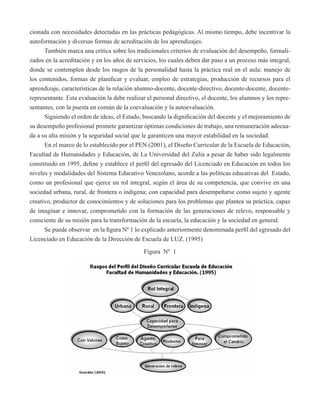 cionada con necesidades detectadas en las prácticas pedagógicas. Al mismo tiempo, debe incentivar la 
autoformación y diversas formas de acreditación de los aprendizajes. 
También marca una crítica sobre los tradicionales criterios de evaluación del desempeño, formali-zados 
en la acreditación y en los años de servicios, los cuales deben dar paso a un proceso más integral, 
donde se contemplen desde los rasgos de la personalidad hasta la práctica real en el aula: manejo de 
los contenidos, formas de planificar y evaluar, empleo de estrategias, producción de recursos para el 
aprendizaje, características de la relación alumno-docente, docente-directivo, docente-docente, docente-representante. 
Esta evaluación la debe realizar el personal directivo, el docente, los alumnos y los repre-sentantes, 
con la puesta en común de la coevaluación y la autoevaluación. 
Siguiendo el orden de ideas, el Estado, buscando la dignificación del docente y el mejoramiento de 
su desempeño profesional promete garantizar óptimas condiciones de trabajo, una remuneración adecua-da 
a su alta misión y la seguridad social que le garanticen una mayor estabilidad en la sociedad. 
En el marco de lo establecido por el PEN (2001), el Diseño Curricular de la Escuela de Educación, 
Facultad de Humanidades y Educación, de La Universidad del Zulia a pesar de haber sido legalmente 
constituido en 1995, define y establece el perfil del egresado del Licenciado en Educación en todos los 
niveles y modalidades del Sistema Educativo Venezolano, acorde a las políticas educativas del Estado, 
como un profesional que ejerce un rol integral, según el área de su competencia, que convive en una 
sociedad urbana, rural, de frontera o indígena; con capacidad para desempeñarse como sujeto y agente 
creativo, productor de conocimientos y de soluciones para los problemas que plantea su práctica, capaz 
de imaginar e innovar, comprometido con la formación de las generaciones de relevo, responsable y 
consciente de su misión para la transformación de la escuela, la educación y la sociedad en general. 
Se puede observar en la figura Nº 1 lo explicado anteriormente denominada perfil del egresado del 
Licenciado en Educación de la Dirección de Escuela de LUZ. (1995) 
Figura Nº 1 
 