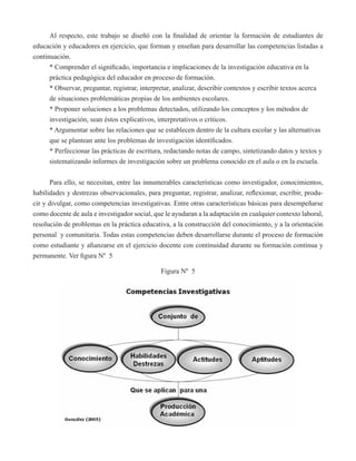Al respecto, este trabajo se diseñó con la finalidad de orientar la formación de estudiantes de 
educación y educadores en ejercicio, que forman y enseñan para desarrollar las competencias listadas a 
continuación. 
* Comprender el significado, importancia e implicaciones de la investigación educativa en la 
práctica pedagógica del educador en proceso de formación. 
* Observar, preguntar, registrar, interpretar, analizar, describir contextos y escribir textos acerca 
de situaciones problemáticas propias de los ambientes escolares. 
* Proponer soluciones a los problemas detectados, utilizando los conceptos y los métodos de 
investigación, sean éstos explicativos, interpretativos o críticos. 
* Argumentar sobre las relaciones que se establecen dentro de la cultura escolar y las alternativas 
que se plantean ante los problemas de investigación identificados. 
* Perfeccionar las prácticas de escritura, redactando notas de campo, sintetizando datos y textos y 
sistematizando informes de investigación sobre un problema conocido en el aula o en la escuela. 
Para ello, se necesitan, entre las innumerables características como investigador, conocimientos, 
habilidades y destrezas observacionales, para preguntar, registrar, analizar, reflexionar, escribir, produ-cir 
y divulgar, como competencias investigativas. Entre otras características básicas para desempeñarse 
como docente de aula e investigador social, que le ayudaran a la adaptación en cualquier contexto laboral, 
resolución de problemas en la práctica educativa, a la construcción del conocimiento, y a la orientación 
personal y comunitaria. Todas estas competencias deben desarrollarse durante el proceso de formación 
como estudiante y afianzarse en el ejercicio docente con continuidad durante su formación continua y 
permanente. Ver figura Nº 5 
Figura Nº 5 
 