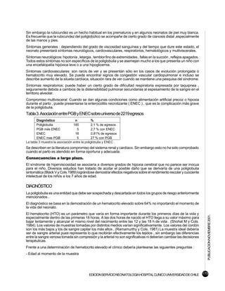 Sin embargo la rubicundez es un hecho habitual en los prematuros y en algunos neonatos de piel muy blanca.
Es frecuente que la rubicundez del poliglobúlico se acompañe de cierto grado de cianosis distal ,especialmente
de las manos y pies.
Síntomas generales : dependiendo del grado de viscosidad sanguínea y del tiempo que dure este estado, el
neonato presentará síntomas neurológicos, cardiovasculares, respiratorios, hematológicos y multiviscerales.
Síntomas neurológicos: hipotonía , letargia , temblor fino de extremidades , fallas en la succión , reflejos apagados.
Todos estos síntomas no son específicos de la poliglobulia y se asemejan mucho a los que presenta un niño con
una encefalopatía hipóxica leve o a una hipoglicemia.
Síntomas cardiovasculares: son raros de ver y se presentan sólo en los casos de evolución prolongada o
hematocrito muy elevado. Se puede encontrar signos de congestión vascular cardiopulmonar e incluso se
describe aumento de la silueta cardíaca, situación rara de ver cuando se mantiene una pesquisa del síndrome.
Síntomas respiratorios: puede haber un cierto grado de dificultad respiratoria expresada por taquipnea ,
seguramente debida a cambios de la distensibilidad pulmonar secundarias al espesamiento de la sangre en el
territorio alveolar.
Compromiso multivisceral: Cuando se dan algunas condiciones como alimentación artificial precoz o hipoxia
durante el parto , puede presentarse la enterocolitis necrotizante ( ENEC ) , que es la complicación más grave
de la poliglobulia.
Tabla 3. Asociación entre PGB y ENEC sobre universo de 2219 egresos
       Diagnóstico                n            %
       Poliglobulia              185           2,1 % de egresos
       PGB más ENEC                5           2,7 % con ENEC
       ENEC                       18           0,81% de egresos
       ENEC mas PGB                5           27 % con PGB
La tabla 3 muestra la asociación entre la poliglobulia y ENEC .
Se describen en la literatura compromiso del sistema renal y cardíaco. Sin embargo esto no ha sido comprobado
cuando el parto es atendido en forma oportuna y adecuada.
Consecuencias a largo plazo.
El síndrome de hiperviscosidad se asociaría a diversos grados de hipoxia cerebral que no parece ser inocua
para el niño. Diversos estudios han tratado de acotar el posible daño que se derivaría de una poliglobulia
sintomática (Black V y Cols.1989) lográndose demostrar efectos negativos sobre el rendimiento escolar y cuociente
intelectual de los niños a los 7 años de edad.

DIAGNÓSTICO
La poliglobulia es una entidad que debe ser sospechada y descartada en todos los grupos de riesgo anteriormente
mencionados .
El diagnóstico se basa en la demostración de un hematocrito elevado sobre 64% no importando el momento de
la vida del neonato.
El hematocrito (HTO) es un parámetro que varía en forma importante durante los primeros días de la vida y
                                                                                                                         PUBLICACION NOVIEMBRE 2001.

especialmente dentro de las primeras 18 horas. A las dos horas de nacido el HTO llega a su valor máximo para
bajar lentamente y alcanzar el mismo nivel del nacimiento entre las 12 y las 18 h de vida . (Shohat M y Cols.
1984). Los valores de muestras tomadas por distintos medios varían significativamente. Los valores del cordón
son los más bajos y los de sangre capilar los más altos . (Ramamurthy y Cols. 1981) La muestra ideal debería
ser de sangre arterial pues representa lo que recibirán efectivamente los tejidos , sin embargo las diferencias
entre la sangre venosa tomada sin compresión y la arterial no son significativas ni deberían cambiar las decisiones
terapéuticas.
Frente a una determinación de hematocrito elevado el clínico debería plantearse las siguientes preguntas :
- Edad al momento de la muestra




                                           EDICION SERVICIO NEONATOLOGIA HOSPITAL CLINICO UNIVERSIDAD DE CHILE 175
 
