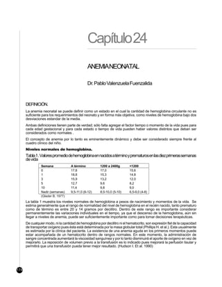 Capítulo 24
                                               ANEMIANEONATAL

                                               Dr. Pablo Valenzuela Fuenzalida



      DEFINICIÓN.
      La anemia neonatal se puede definir como un estado en el cual la cantidad de hemoglobina circulante no es
      suficiente para los requerimientos del neonato y en forma más objetiva, como niveles de hemoglobina bajo dos
      desviaciones estandar de la media.
      Ambas definiciones tienen parte de verdad; sólo falta agregar el factor tiempo o momento de la vida pues para
      cada edad gestacional y para cada estado o tiempo de vida pueden haber valores distintos que deban ser
      considerados como normales .
      El concepto de anemia por lo tanto es eminentemente dinámico y debe ser considerado siempre frente al
      cuadro clínico del niño.
      Niveles normales de hemoglobina.
      Tabla 1 . Valores promedio de hemoglobina en nacidos a término y prematuros en las diez primeras semanas
      de vida
                Semana              A término           1200 a 2400g        <1200
                0                   17,8                17,0                15,6
                1                   18,8                15,3                14,8
                3                   15,9                13,2                12,0
                5                   12,7                9,6                 8,2
                10                  11,4                9,8                 9,0
                Nadir (semanas)     9,5-11,0 (6-12)     8,0-10,0 (5-10)     6,5-9,0 (4-8)
                (Glader B. 1977)
      La tabla 1 muestra los niveles normales de hemoglobina a pesos de nacimiento y momentos de la vida. Se
      estima generalmente que el rango de normalidad del nivel de hemoglobina en el recién nacido, tanto prematuro
      como de término es entre 20 y 14 gramos por decilitro. Dentro de este rango es importante considerar
      permanentemente las variaciones individuales en el tiempo, ya que el descenso de la hemoglobina, aún sin
      llegar a niveles de anemia, puede ser suficientemente importante como para tomar decisiones terapéuticas.
      De cualquier modo, ni la cantidad de hemoglobina por decilitro ni el hematocrito, son expresión fiel de la capacidad
      de transportar oxígeno pues ésta está determinada por la masa globular total (Phillips H. et al.). Esta usualmente
      es estimada por la clínica del paciente. La existencia de una anemia aguda en los primeros momentos puede
      estar acompañada de un hematocrito dentro de rangos normales. En este momento, la administración de
      sangre concentrada aumentará la viscosidad sanguínea y por lo tanto disminuirá el aporte de oxígeno en vez de
      mejorarlo. La reposición de volumen previo a la transfusión es lo indicado pues mejorará la perfusión tisular y
      permitirá que una transfusión pueda tener mejor resultado. (Hudson I. Et al. 1990)




178
 