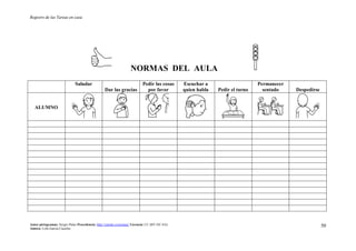 Registro de las Tareas en casa
Autor pictogramas: Sergio Palao Procedencia: http://catedu.es/arasaac/ Licencia: CC (BY-NC-SA)
Autora: Lola García Cucalón
50
NORMAS DEL AULA
Saludar
Dar las gracias
Pedir las cosas
por favor
Escuchar a
quien habla Pedir el turno
Permanecer
sentado Despedirse
ALUMNO
 