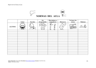Registro de las Tareas en casa
Autor pictogramas: Sergio Palao Procedencia: http://catedu.es/arasaac/ Licencia: CC (BY-NC-SA)
Autora: Lola García Cucalón
53
NORMAS DEL AULA
Gritar Enredar
Ser
desagradable
Discriminar a
compañeros Distraerse
No hacer las
tareas Molestar
ALUMNO
 