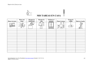 Registro de las Tareas en casa
Autor pictogramas: Sergio Palao Procedencia: http://catedu.es/arasaac/ Licencia: CC (BY-NC-SA)
Autora: Lola García Cucalón
57
MIS TAREAS EN CASA
Hacer la tarea
Hacer mi
cama
Recoger la
habitación
Recoger la
ropa
Ordenar el
armario Poner la mesa
Fregar la
vajilla Barrer el suelo
 
