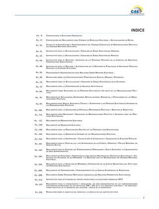 7
ConvoCatoria a ElECCionEs GEnEralEs.
CodifiCaCión dEl rEGlamEnto para Cambios dE domiCilio ElECtoral y aCtualizaCión dE datos.
Estatuto dE intEGraCión y funCionamiEnto dEl ConsEjo Consultivo dE orGanizaCionEs polítiCas
dEl ConsEjo naCional ElECtoral.
instruCtivo para la aCtualizaCión y CrEaCión dE zonas ElECtoralEs urbanas
instruCtivo para la aCtualizaCión y CrEaCión dE zonas ElECtoralEs ruralEs
instruCtivo para El rEGistro y sufraGio dE las pErsonas privadas dE la libErtad sin sEntEnCia
CondEnatoria EjECutoriada.
instruCtivo para la rEvisión y autorizaCión dE la difusión dE publiCidad dE EntidadEs públiCas
durantE la Campaña ElECtoral
proCEdimiEnto administrativo para rEClamos sobrE rEGistro ElECtoral.
rEsoluCión sobrE las CirCunsCripCionEs tErritorialEs Guayas, manabí y piChinCha.
rEGlamEnto para la aCtualizaCión y CrEaCión dE zonas ElECtoralEs En El ExtErior.
rEGlamEnto para la ConformaCión dE alianzas ElECtoralEs.
rEGlamEnto sobrE auditoría dE los proCEsos ElECtoralEs por partE dE las orGanizaCionEs polí-
tiCas.
rEGlamEnto dE afiliaCionEs, adhEsionEs, dEsafiliaCionEs, rEnunCias, y ExpulsionEs En las orGa-
nizaCionEs polítiCas.
rEGlamEnto para apoyo, asistEnCia téCniCa y supErvisión a los proCEsos ElECtoralEs intErnos dE
las orGanizaCionEs polítiCas.
rEGlamEnto para la insCripCión dE partidos, movimiEntos polítiCos y rEGistro dE dirECtivas.
rEGlamEnto para dElEGados y dElEGadas dE orGanizaCionEs polítiCas o alianzas para los pro-
CEsos ElECtoralEs.
rEGlamEnto dE obsErvaCión ElECtoral
rEGlamEnto dE promoCión ElECtoral
rEGlamEnto para la partiCipaCión polítiCa dE las pErsonas Con disCapaCidad
rEGlamEnto para la dEmoCraCia intErna dE las orGanizaCionEs polítiCas.
rEGlamEnto para la insCripCión y CalifiCaCión dE Candidatas y Candidatos dE ElECCión popular
rEGlamEnto para El voto dE las y los intEGrantEs dE las fuErza s armadas y poliCía naCional En
sErviCio aCtivo
rEGlamEnto para El Control dEl finanCiamiEnto, propaGanda y Gasto ElECtoral y su juzGamiEnto
En sEdE administrativa.
rEGlamEnto dE funCionEs y CompEtEnCias para juntas provinCialEs, distritalEs ElECtoralEs y Es-
pECialEs dEl ExtErior, dE sus miEmbros y su rElaCión Con las dElEGaCionEs dEl ConsEjo naCional
ElECtoral.
rEGlamEnto para la sElECCión dE miEmbros E intEGraCión dE las juntas rECEptoras dEl voto para
los proCEsos ElECtoralEs.
rEGlamEnto dE ConformaCión y funCionamiEnto dE las juntas intErmEdias dE EsCrutinio.
rEGlamEnto sobrE pErsonas naturalEs o jurídiCas quE rEaliCEn pronóstiCos ElECtoralEs.
instruCtivo para aCtividadEs dE ContEo rápido para las ElECCionEs GEnEralEs 2013
rEGlamEnto para El ConoCimiEnto y rEsoluCión En sEdE administrativa dE las ContravEnCionEs
ElECtoralEs EstablECidas En los artíCulos 290 y 291 dE la lEy orGániCa ElECtoral y dE orGaniza-
CionEs polítiCas dE la rEpúbliCa dEl ECuador, CódiGo dE la dEmoCraCia
rEsoluCión sobrE El EjErCiCio dEl dErECho a la répliCa dE los sujEtos polítiCos
INDICE
Pg. 9.
Pg. 17.
Pg. 25.
Pg. 31.
Pg. 37.
Pg. 43.
Pg. 49.
Pg. 55.
Pg. 59.
Pg. 73.
Pg. 77.
Pg. 83.
Pg. 91.
Pg. 97.
Pg. 105.
Pg. 115.
Pg. 121.
Pg. 129.
Pg. 139.
Pg. 145.
Pg. 153.
Pg. 161.
Pg. 167.
Pg. 185.
Pg. 193.
Pg. 203.
Pg. 209.
Pg. 215.
Pg. 221
Pg. 229.
 