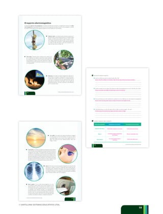 © SANTILLANA SISTEMAS EDUCATIVOS LTDA.
1919
El espectro electromagnético
Se denomina espectro electromagnético al conjunto de diferentes frecuencias y longitudes de onda de las ondas
electromagnéticas. Dependiendo de la frecuencia y de la longitud de las ondas, el espectro electromagnético va desde
las ondas de radio hasta los rayos gamma, pasando por la luz visible por el ojo humano.
Ondas de radio. Las ondas de radio presentan una gran lon-
gitud de onda y una muy baja frecuencia. Son ondas de baja
energía. Se utilizan para transmitir señales de radio y televi-
sión. Existen estaciones de radio en AM y en FM. Las prime-
ras se reflejan sobre la ionosfera y cubren grandes distancias.
Las ondas de radio FM pasan a través de la ionosfera y no
viajan tan lejos como las ondas AM.
Microondas. Presentan mayor energía que las ondas de ra-
dio. Se utilizan en los radares y para enviar señales satelitales.
En el ámbito doméstico se usan en hornos microondas, cuyo
funcionamiento se basa en que estas ondas hacen vibrar las
moléculas de agua de los alimentos y generan así un aumento
en la temperatura.
Infrarrojo. Son ondas con menor longitud de onda pero al-
tas frecuencia y energía en comparación con las microondas.
Cuando sales a tomar los rayos del sol, te calientas gracias a
estos rayos. La energía de los rayos infrarrojos hace que las
partículas de tu piel vibren más rápido y de esta manera la
temperatura aumenta. Tus ojos no pueden ver esta radiación
pero sí la puedes sentir.
18
© SANTILLANA SISTEMAS EDUCATIVOS LTDA.
10 Responde las siguientes preguntas.
¿Cuál es la diferencia entre las ondas de radio AM y FM?
Escribe el nombre de tres objetos que produzcan ondas electromagnéticas en tu casa. Describe cómo ocurre.
¿Por qué piensas que los seres humanos solo podemos ver la luz visible pero no otras ondas electromagnéticas?
¿Cuál piensas que es el color del espectro de luz visible con mayor energía? ¿Por qué?
11 Completa el siguiente cuadro comparativo.
Onda electromagnética Ventaja para el ser humano Desventaja para el ser humano
Radiación ultravioleta
Rayos X
Rayos gamma
20
© SANTILLANA SISTEMAS EDUCATIVOS LTDA.
Que las ondas AM se reflejan en la ionosfera y viajan más lejos que las FM, que atraviesan la ionosfera.
Porque nuestros ojos solo pueden captar ese rango de frecuencia y esa longitud de onda.
El violeta, porque tiene una frecuencia mayor y por tanto es mayor su energía.
El horno microondas, los bombillos incandescentes y el horno convencional.
Permite fijar la vitamina D a los huesos Puede causar cáncer de piel
Penetra y mata células vivas
Puede matar células sanasSe usa para quemar tumores
cancerosos
Se obtienen imágenes diagnósticas
de los huesos
Ultravioleta. Es otro tipo de onda electromagnética producida por
el Sol. Presenta menor longitud de onda pero mayores frecuencia y
energía que la luz visible. Su energía puede tener efectos positivos
y negativos en los humanos. Positivos, pues las lámparas que pro-
ducen su luz se utilizan para atacar bacterias en la comida y en ins-
trumentos quirúrgicos; cuando exponemos nuestra piel a la luz UV
del sol, las células producen vitamina D, una sustancia necesaria
para fijar el calcio de los huesos y dientes. Un efecto negativo es que
la sobreexposición a esta luz puede ocasionar cáncer de piel.
Luz visible. Son ondas cuyos rango de frecuencia y longitud
de onda pueden ver los seres humanos. El rango de colores
que puede captar el ojo se conoce como espectro de luz vi-
sible y sus colores son: rojo, naranja, amarillo, verde, azul,
índigo y violeta.
Rayos X. Son rayos que tienen pequeñas longitudes de onda pero altas
frecuencias y energía. Los rayos X transportan tanta energía que pue-
den penetrar gran variedad de materiales como la piel, los músculos y
son absorbidos por los huesos. Se utilizan como ayuda para el diagnós-
tico médico de fracturas. Sin embargo, la exposición a gran cantidad de
rayos X destruye células y por esto es peligrosa.
Rayos gamma. Son las ondas electromagnéticas con ma-
yor energía, la cual se utiliza como recurso energético en las
plantas nucleares o para el tratamiento de tumores cancero-
sos. Debido a las altas energías que poseen, los rayos gamma
se catalogan como radiación ionizante, con capacidad para
penetrar la materia con mayor intensidad que las radiaciones
tipo alfa y beta. Los rayos gamma pueden daños irreparables
al núcleo de las células, razón por la cual son utilizados para
esterilizar instrumentos médicos y desinfectar alimentos.
19
© SANTILLANA SISTEMAS EDUCATIVOS LTDA.
 