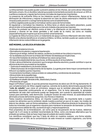 La Sílica también nos puede ayudar a prevenir piedras en los riñones, así como aliviar infecciones
del tracto urinario. Es un diurético natural que puede incrementarla excreción de orina en un 30% lo
cual lleva a restaurar y regular las funciones normales de órganos tan importantes.
La presencia de suficiente Sílica en los intestinos ayuda a reducir inflamaciones. Apoya en la
eliminación de infecciones y mejorar la absorción en caso de úlcera estomacal e intestinal. Este
mineral puede prevenir o corregir tanto la diarrea como el estreñimiento.
La Sílica vegetal puede ayudar a normalizar ciertos casos de hemorroides.
Al regularizar y normalizar los intestinos, la Sílica tiene un efecto secundario placentero, puede
aliviar el dolor en la espalda baja que a menudo molesta a las personas mayores.
La Sílica ha probado ser efectiva contra el dolor y la inflamación en los periodos menstruales,
accesos y úlceras en las áreas genitales y del cuello de la matriz; así como en mastitis
(especialmente para mujeres que se encuentran amamantando).
La ingesta de Sílica funciona como un tratamiento de apoyo contra la inflamación del oído medio.
Debido a los efectos benéficos en el sistema linfático, la Sílica, también puede ser usada contra la
inflamación de los nodos linfáticos en la garganta.
ASÍ MISMO, LA SILICA AYUDA EN:
• Estimular el sistema inmune.
• Normaliza la circulación y regula la hipertensión.
• Disminuye el vértigo, dolores de cabeza, acúfenos (zumbido en los oídos) e insomnio.
• En la diabetes al promover la síntesis del inhibidor de elastasa por el páncreas.
• En las enfermedades de arterias al fortalecer los vasos sanguíneos.
•Al mejorar la elasticidad de las coyunturas, la Sílica ayuda en el reumatismo.
• Evita o alivia el Alzheimer al prevenir que la sangre absorba aluminio y puede contribuir a que se
elimine el aluminio acumulado en los tejidos.
• Estimula el metabolismo y la división celular.
• Dilata el proceso de envejecimiento de los tejidos. (La gente joven tiene mayor concentración de
Sílica en sus tejidos que los mayores).
• Incrementa la movilidad y reduce el dolor en osteoartritis y condiciones de esclerosis.
•Alivia el dolor de la espalda baja.
•Aque los huesos rotos sanen más rápido.
• Embellece el cabello dándole brillo, elasticidad y fuerza.
• Previene las arrugas.
Según el Profesor Loeper, lo que las personas requerimos de silicio son 20-30 mg diariamente. El
uso complementario de Sílica vegetal orgánica, extraída de la planta denominada popularmente
“cola de caballo” que crece en primavera, asegura que la cantidad adecuada de Sílica se
encuentre disponible continuamente en el organismo. Con la toma adecuada, la apropiada
asimilación de este vital nutrimento puede ser asegurada, aún cuando la capacidad de nuestro
cuerpo para asimilarla, esté disminuida. Cualquier exceso de este mineral, es automáticamente
eliminado a través del torrente sanguíneo, los riñones e intestinos.
Todos nosotros necesitamos Sílica, sin importar nuestra edad. Es importante darle a nuestro
cuerpo los alimentos que la contienen desde nuestra juventud ya que en la vejez, los niveles de
ésta en las células, caen en forma estrepitosa. La Sílica tiene influencia directa en la absorción de
todos los minerales que el organismo requiere para mantener la sensación de bienestar. La Sílica
nos proporciona calidad de vida, aumenta el vigor y mejora la apariencia.
Para propósitos de re-mineralización, así como para la recuperación de los huesos, debemos
ingerir de 4 a 8 veces la cantidad recomendada de Sílica, como una terapia alternativa que ha
probado ser exitosa. Esto se hace mejor bajo el cuidado de nuestro médico.
Los científicos consideran que hay 3 tipos de silicio en nuestros cuerpos: una forma soluble,
responsable por el 10% de la concentración de este mineral en nuestro organismo; una forma
111111
¡Véase bien! ... ¡Siéntase Excelente!
www.synergyo2peru.jimdo.comwww.synergyo2peru.jimdo.comwww.synergyo2peru.jimdo.com
 